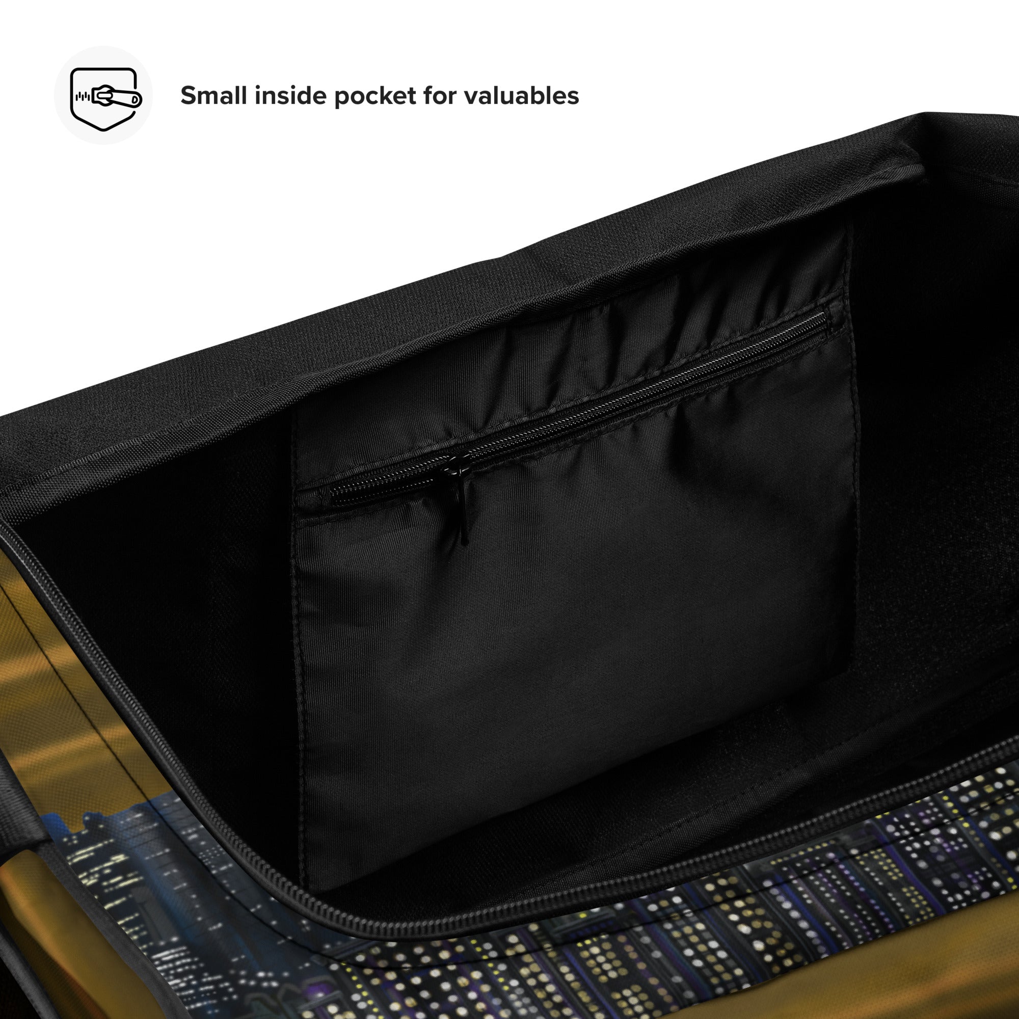 Close-up of a black inside pocket on a product with text indicating it's for valuables.