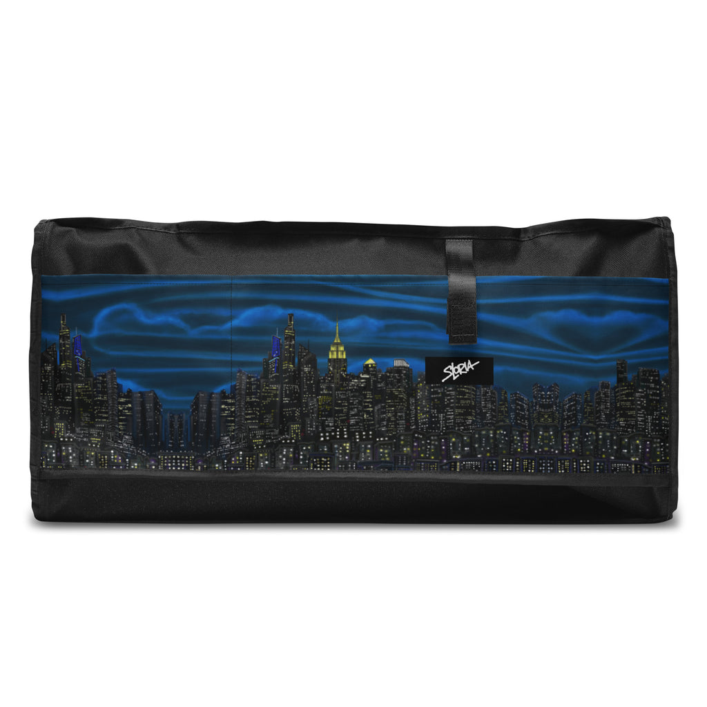 Loria NYC Art designed duffle bag on white background and S.Loria logo