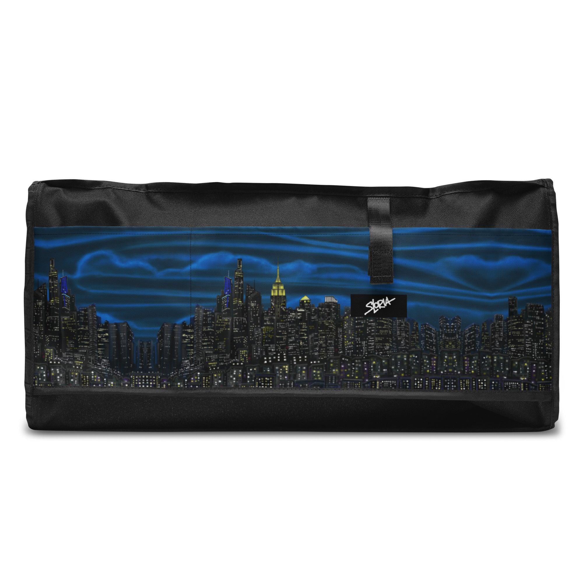 Loria NYC Art designed duffle bag on white background and S.Loria logo