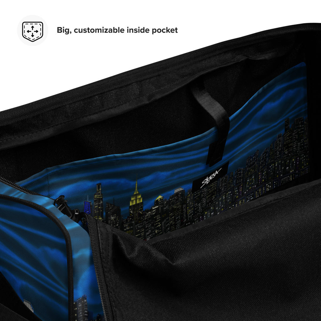 Loria NYC Art designed duffle bag on  white background 