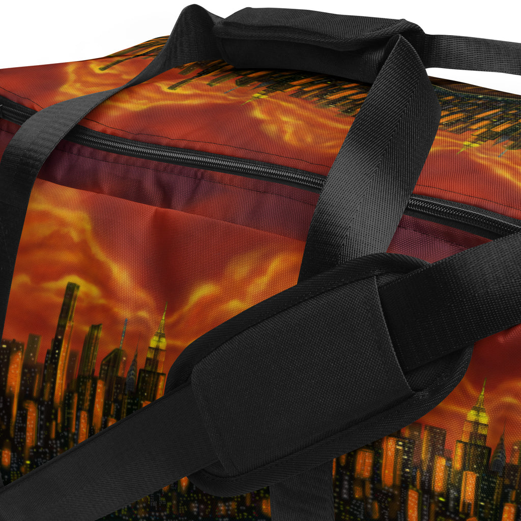 Duffel bag with Loria NYC Art sunset cityscape design on a white background