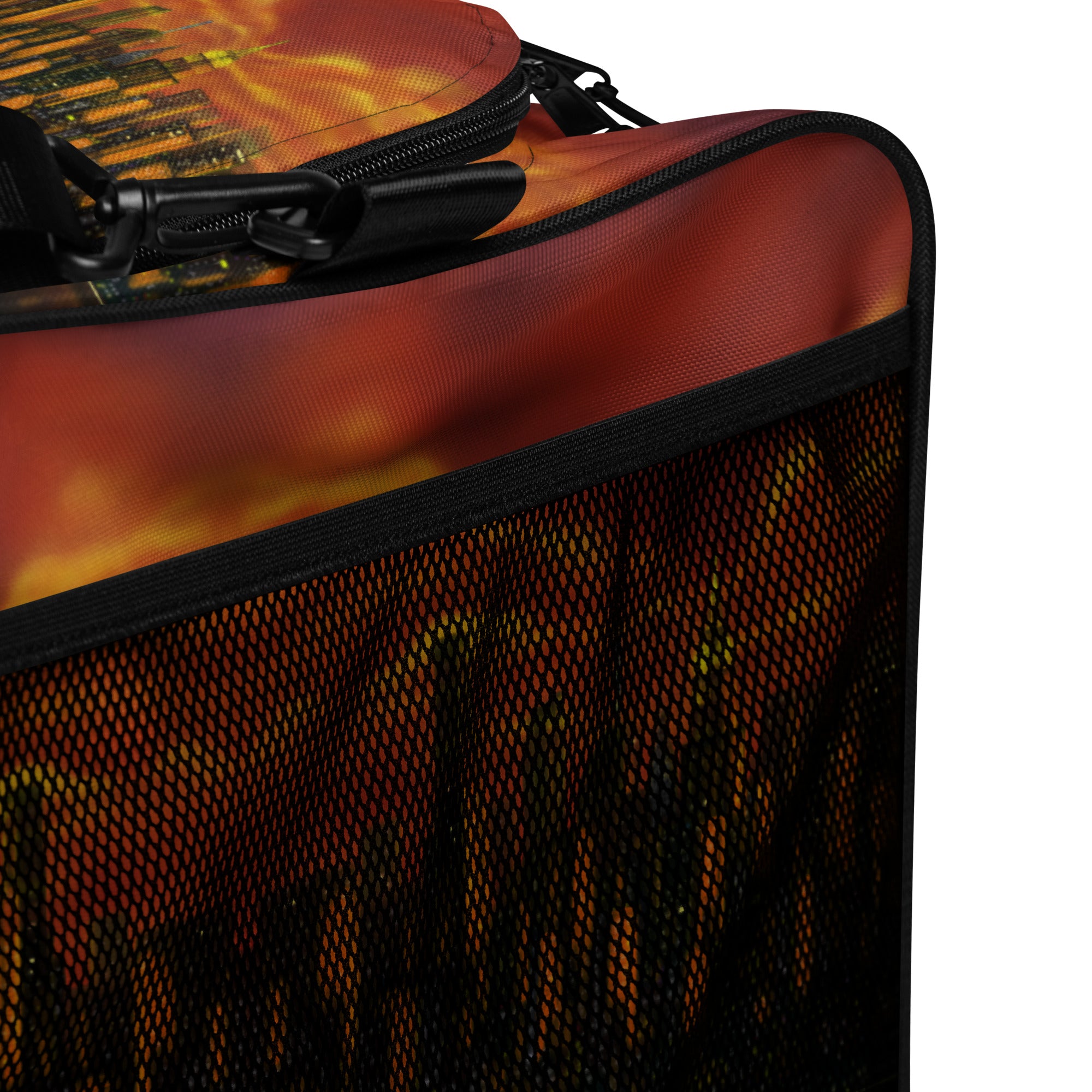 Close-up of a bag with a flame pattern on a white background