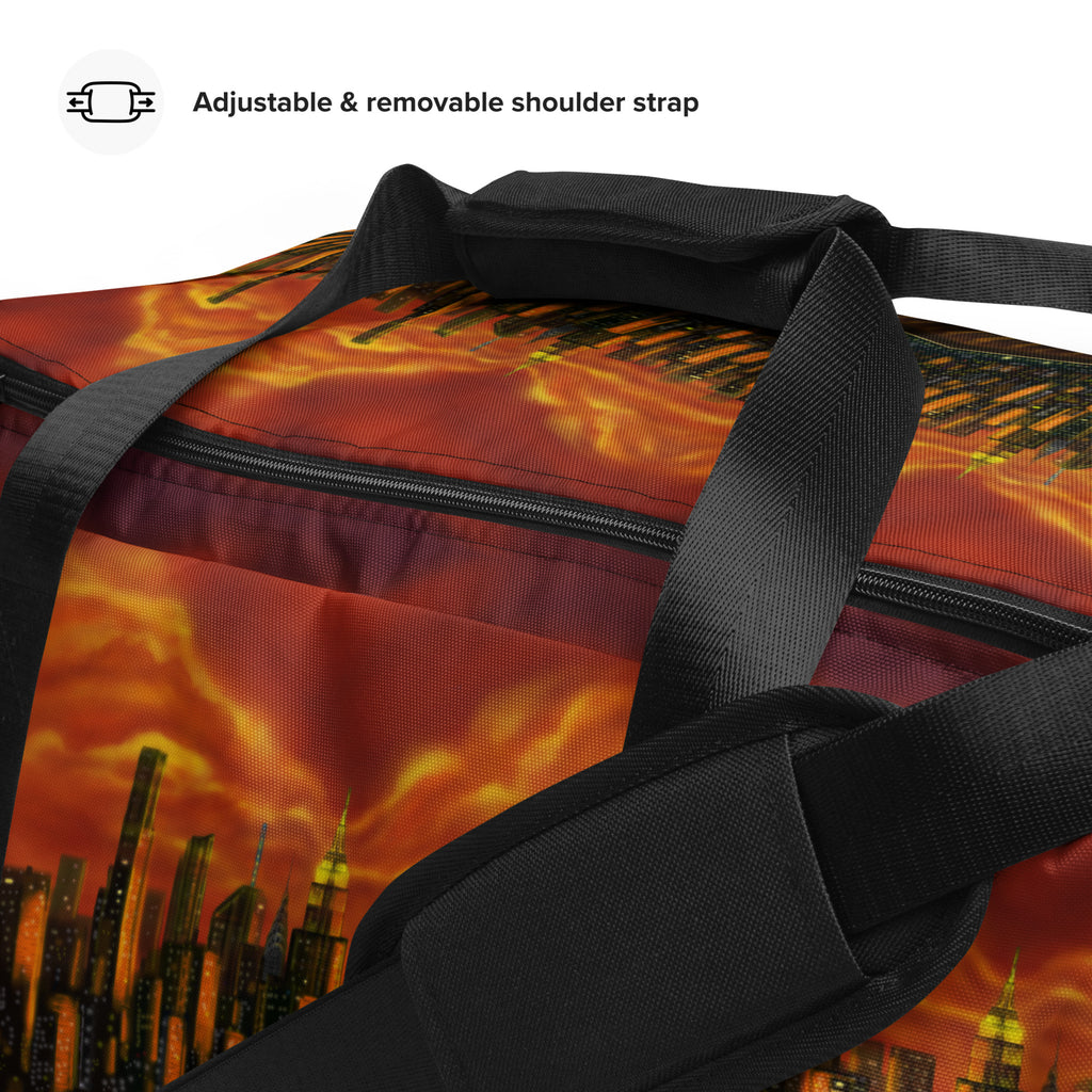 Duffel bag with fiery cityscape design and adjustable/removable shoulder strap