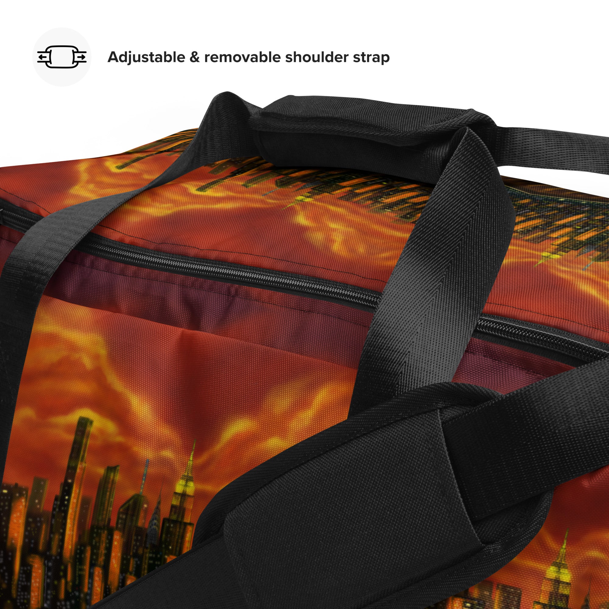 Duffel bag with fiery cityscape design and adjustable/removable shoulder strap