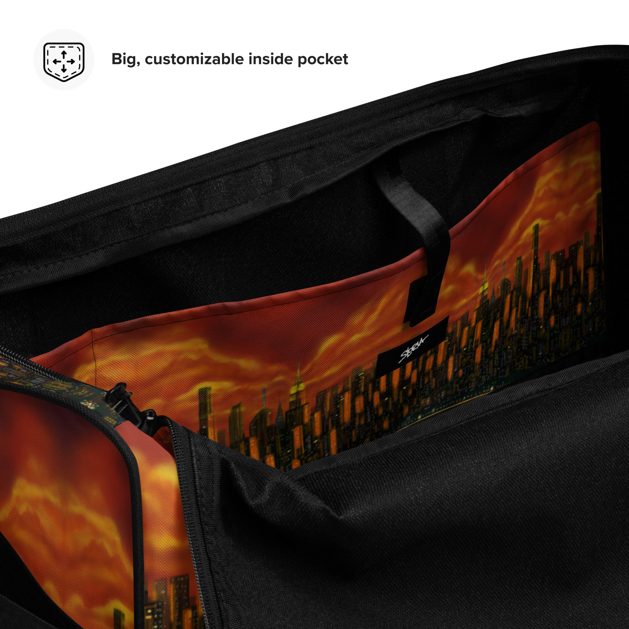 Black bag with a fiery cityscape design and customizable inside pocket.