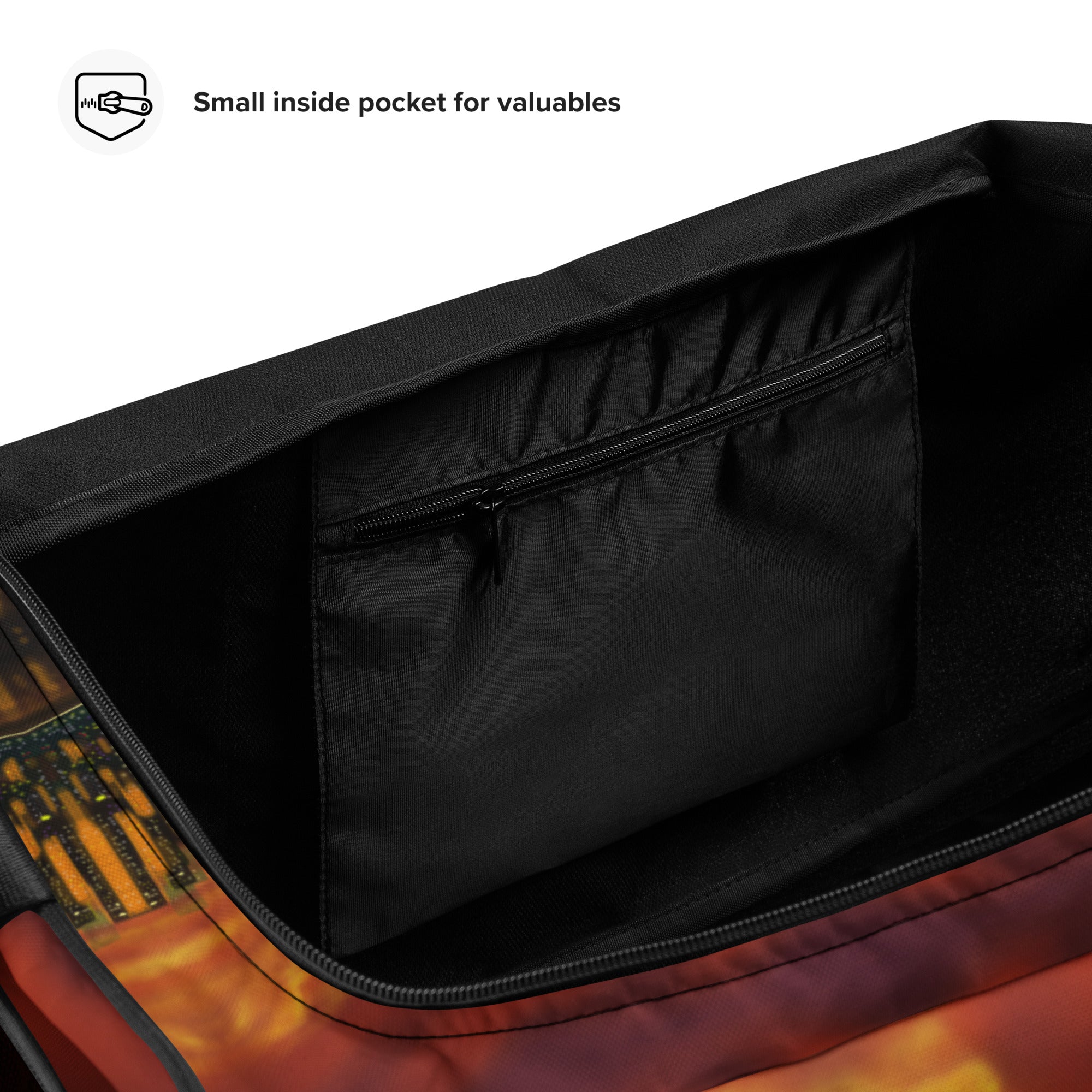 Close-up of a black inside pocket on a colorful bag with text indicating a small inside pocket for valuables.