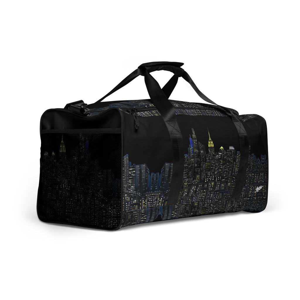 Black duffel bag with NY cityscape designed by Loria NYC Art on a white background