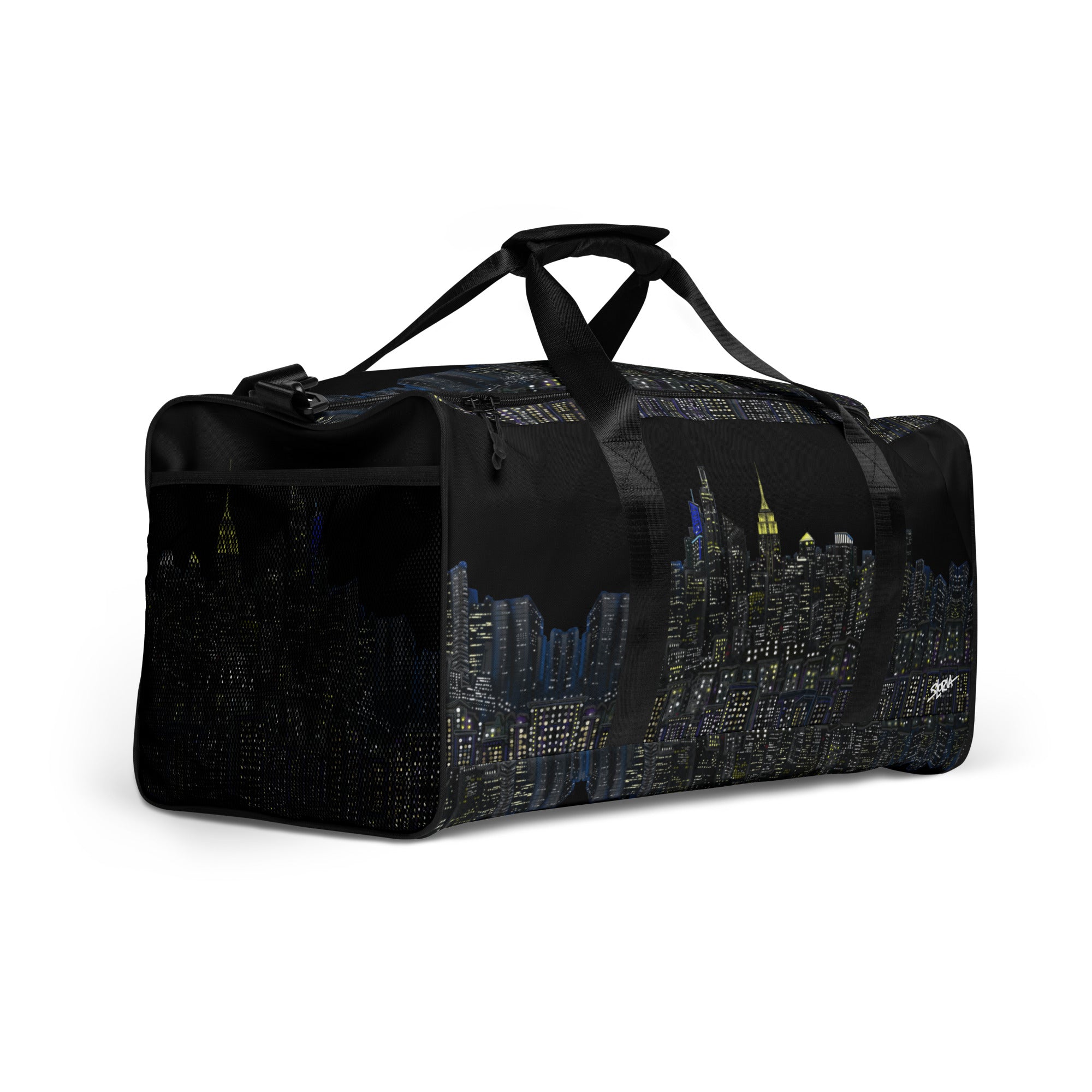 Black duffel bag with NY cityscape designed by Loria NYC Art on a white background