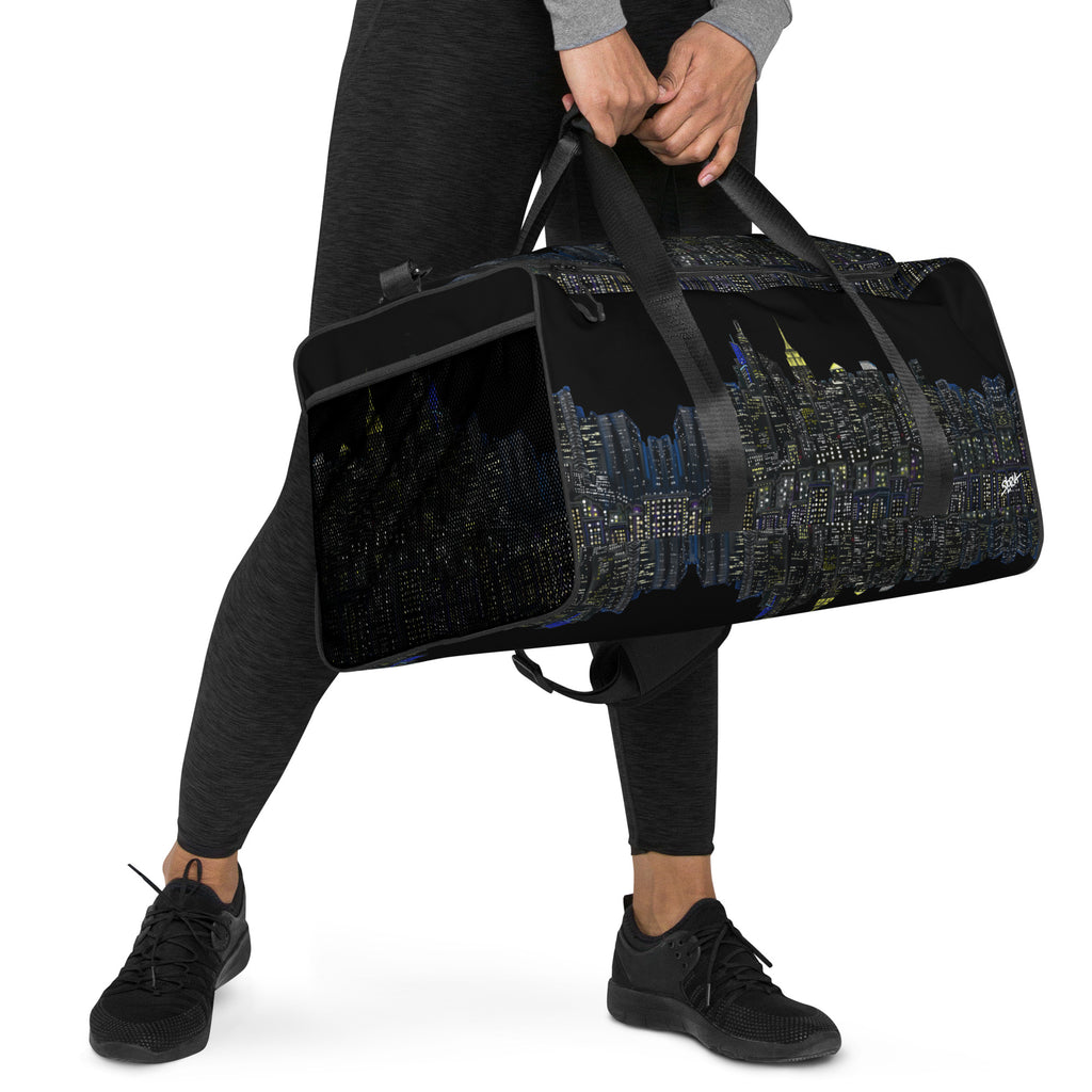 Black duffel bag with NY cityscape designed by Loria NYC Art on a white background