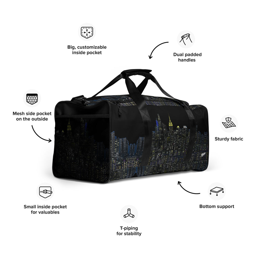 Black duffel bag with NY cityscape designed by Loria NYC Art on a white background