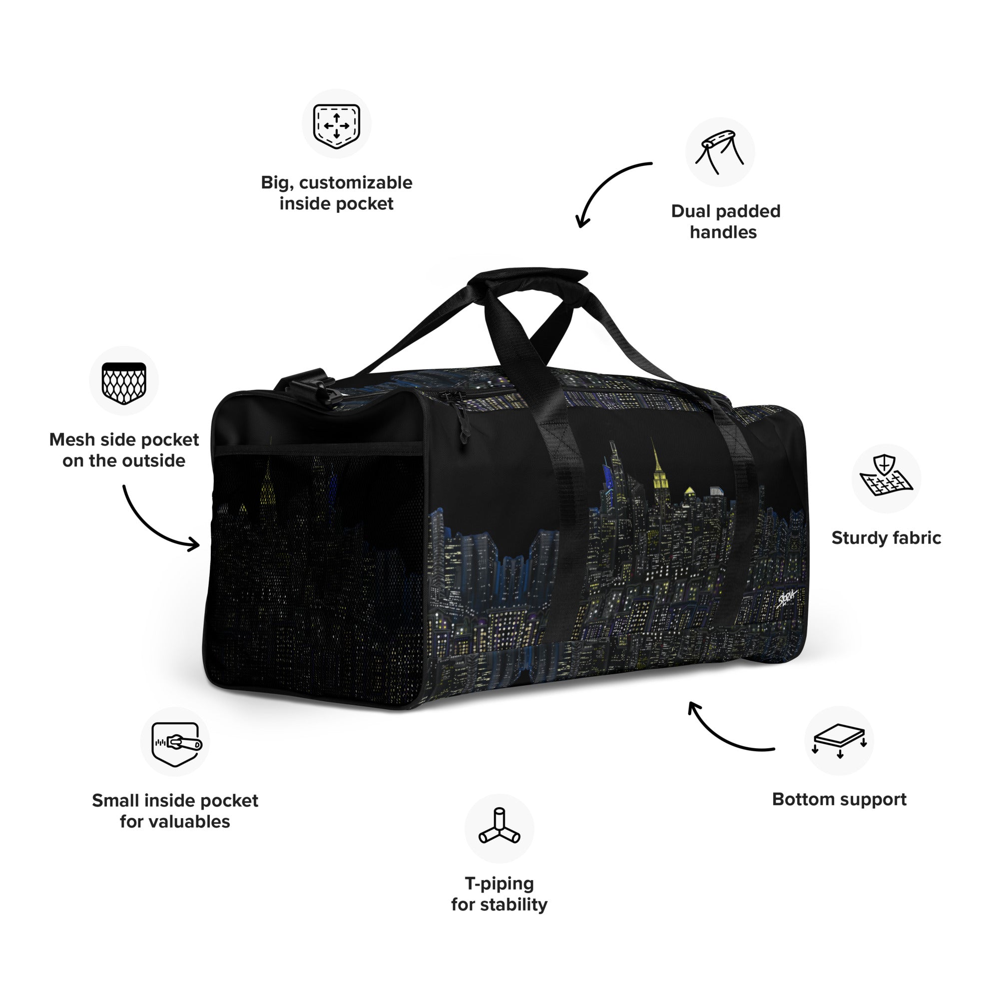 Black duffel bag with NY cityscape designed by Loria NYC Art on a white background