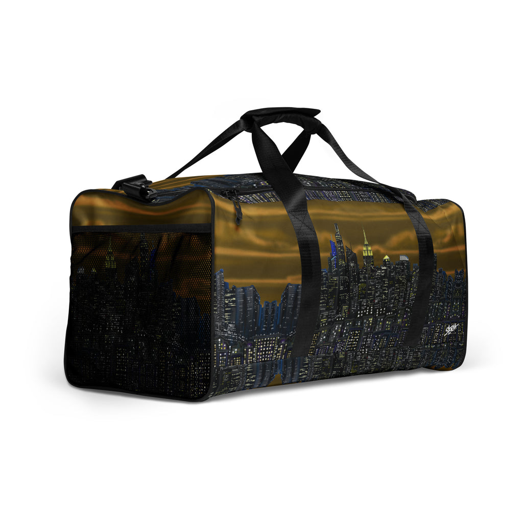 Brown Duffle bag with NY cityscape design by Loria NYC Art  on a white background