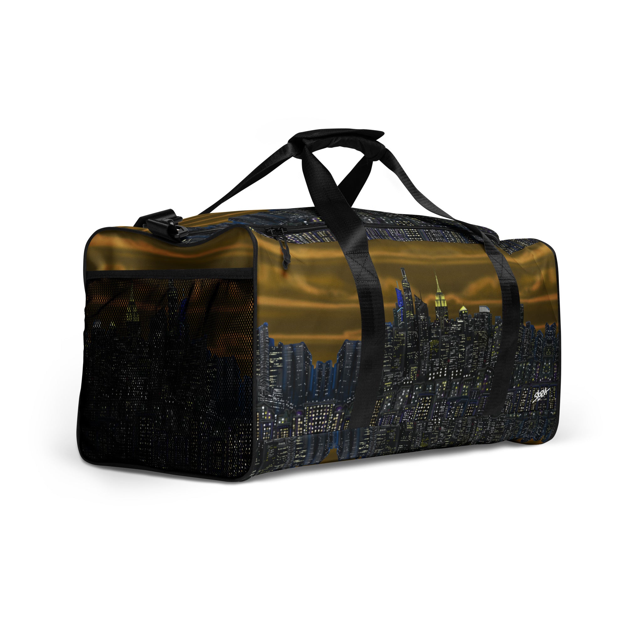 Brown Duffle bag with NY cityscape design by Loria NYC Art  on a white background