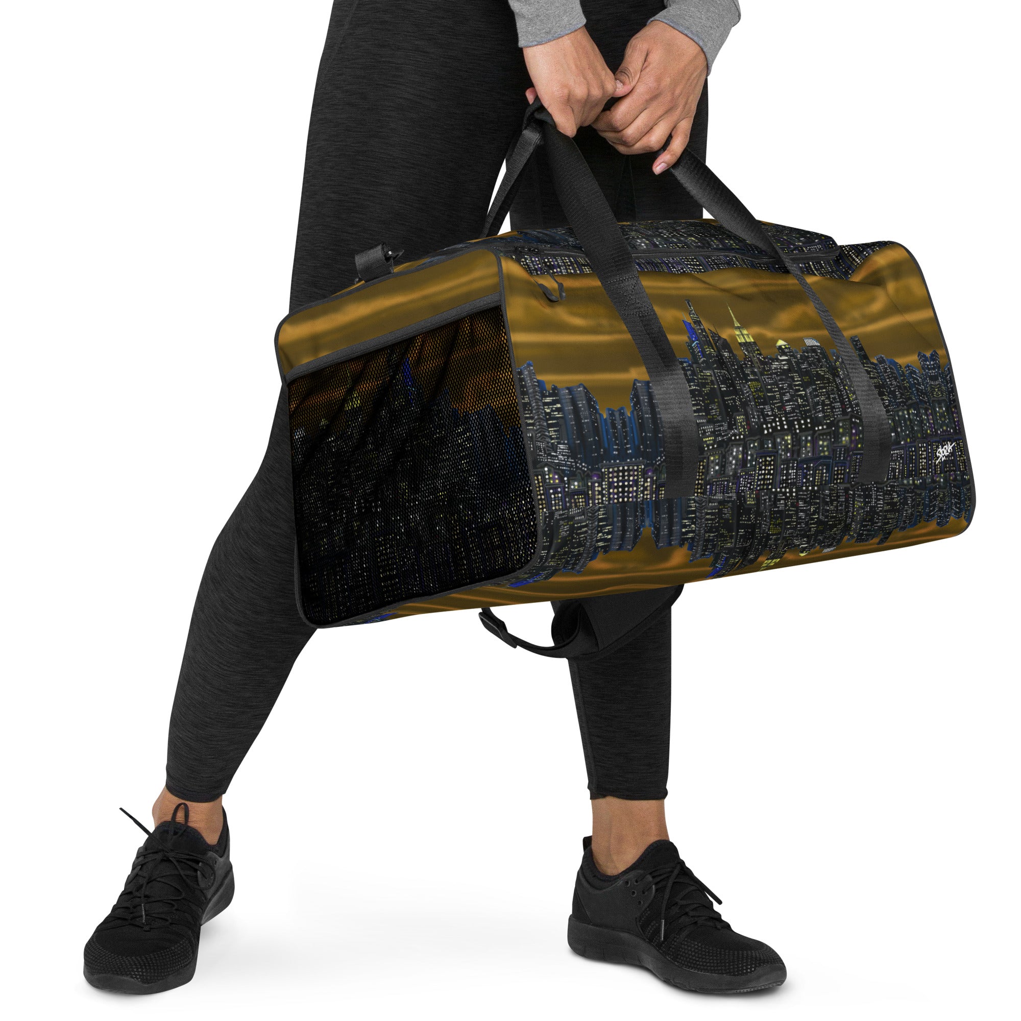Brown Duffle bag with NY cityscape design by Loria NYC Art  on a white background
