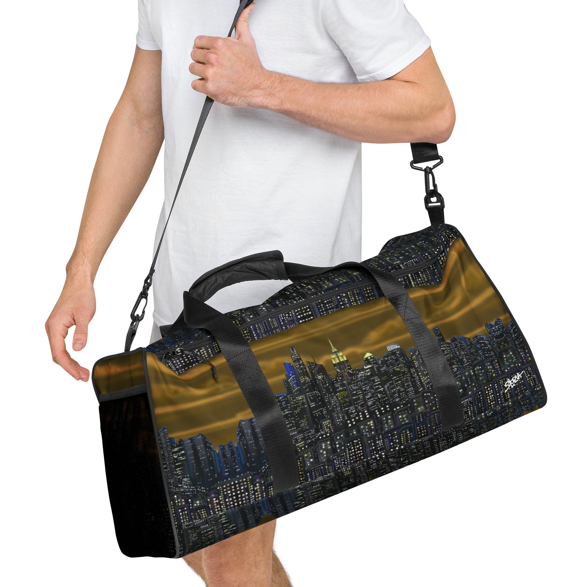 Brown Duffle bag with NY cityscape design by Loria NYC Art  on a white background