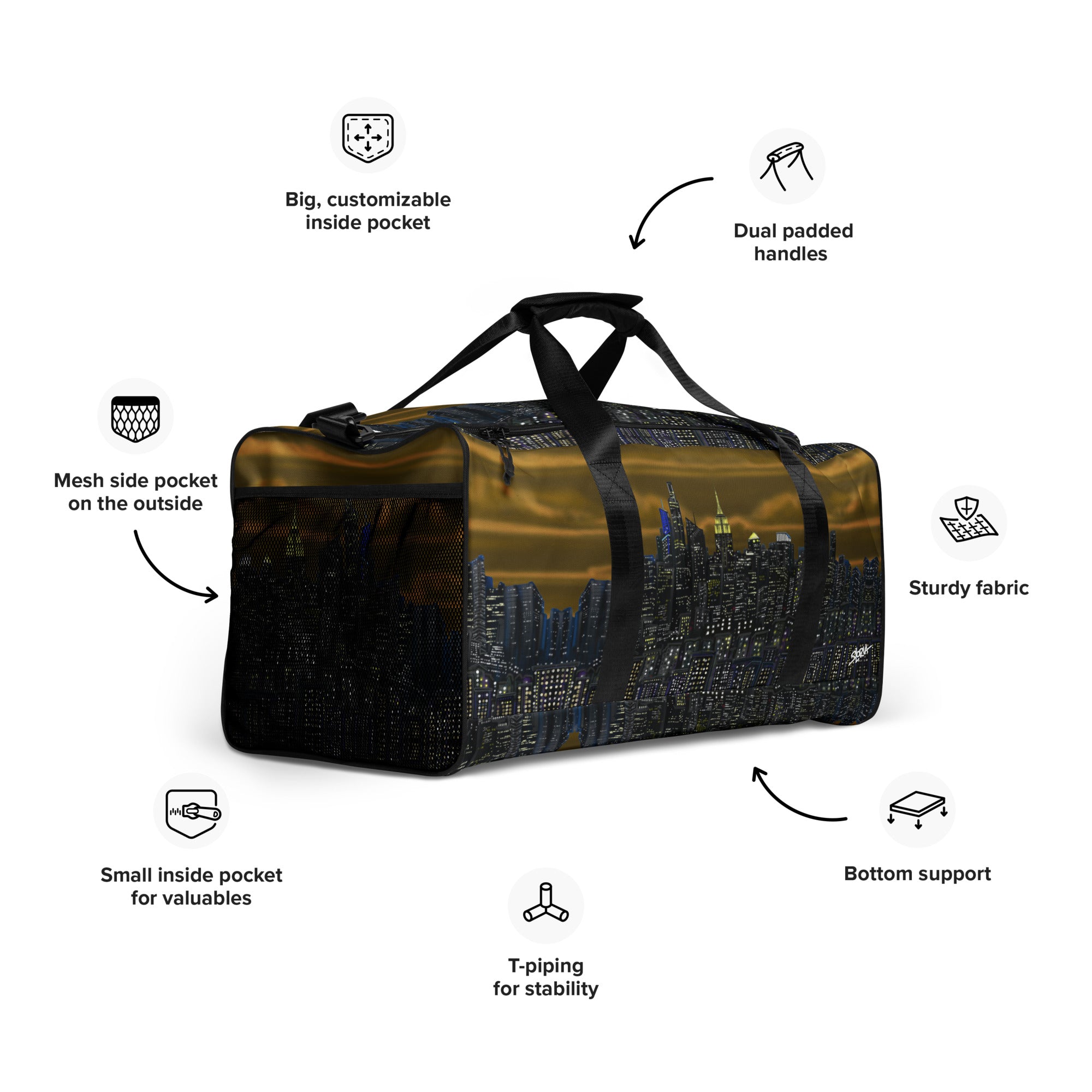 Brown Duffle bag with NY cityscape design by Loria NYC Art  on a white background
