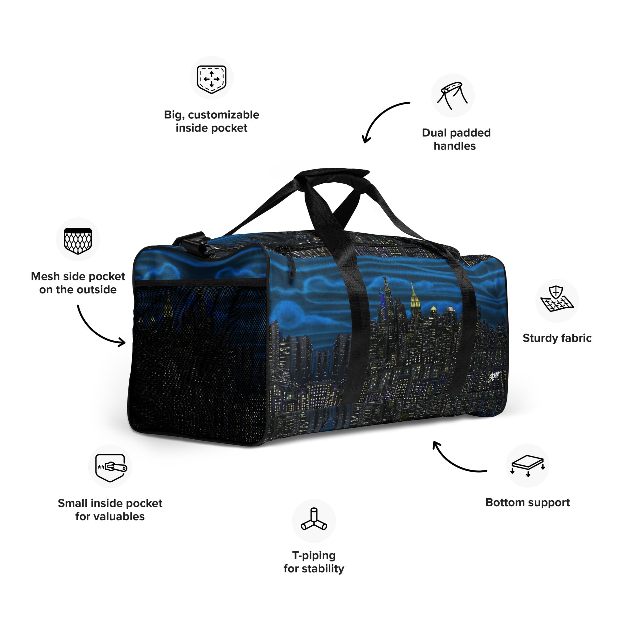 Loria NYC Art designed duffle bag on  white background 