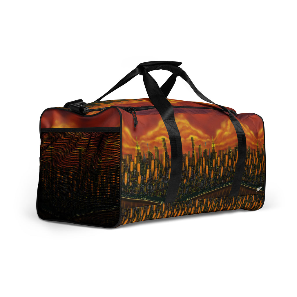 Duffel bag with Loria NYC Art sunset cityscape design on a white background
