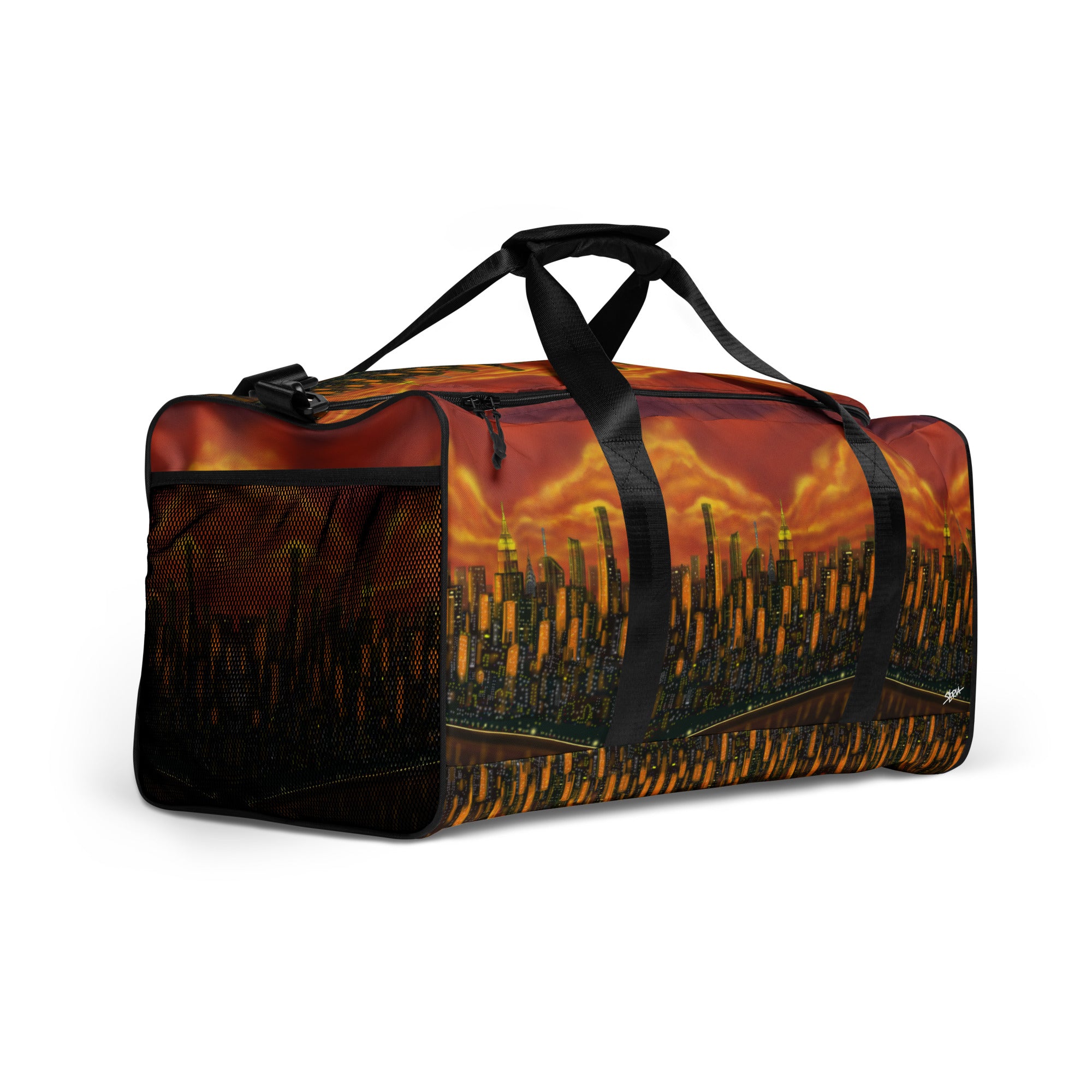 Duffel bag with Loria NYC Art sunset cityscape design on a white background