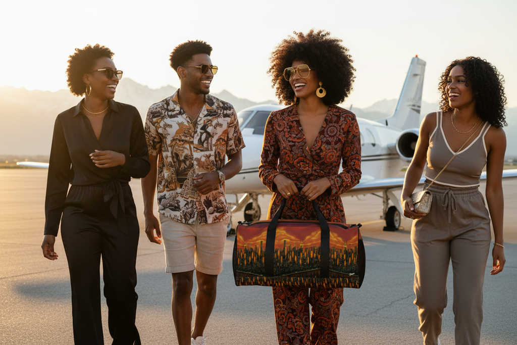 Four people walking on a tarmac with a private jet in the background holding Loria NYC Art designed duffle bag