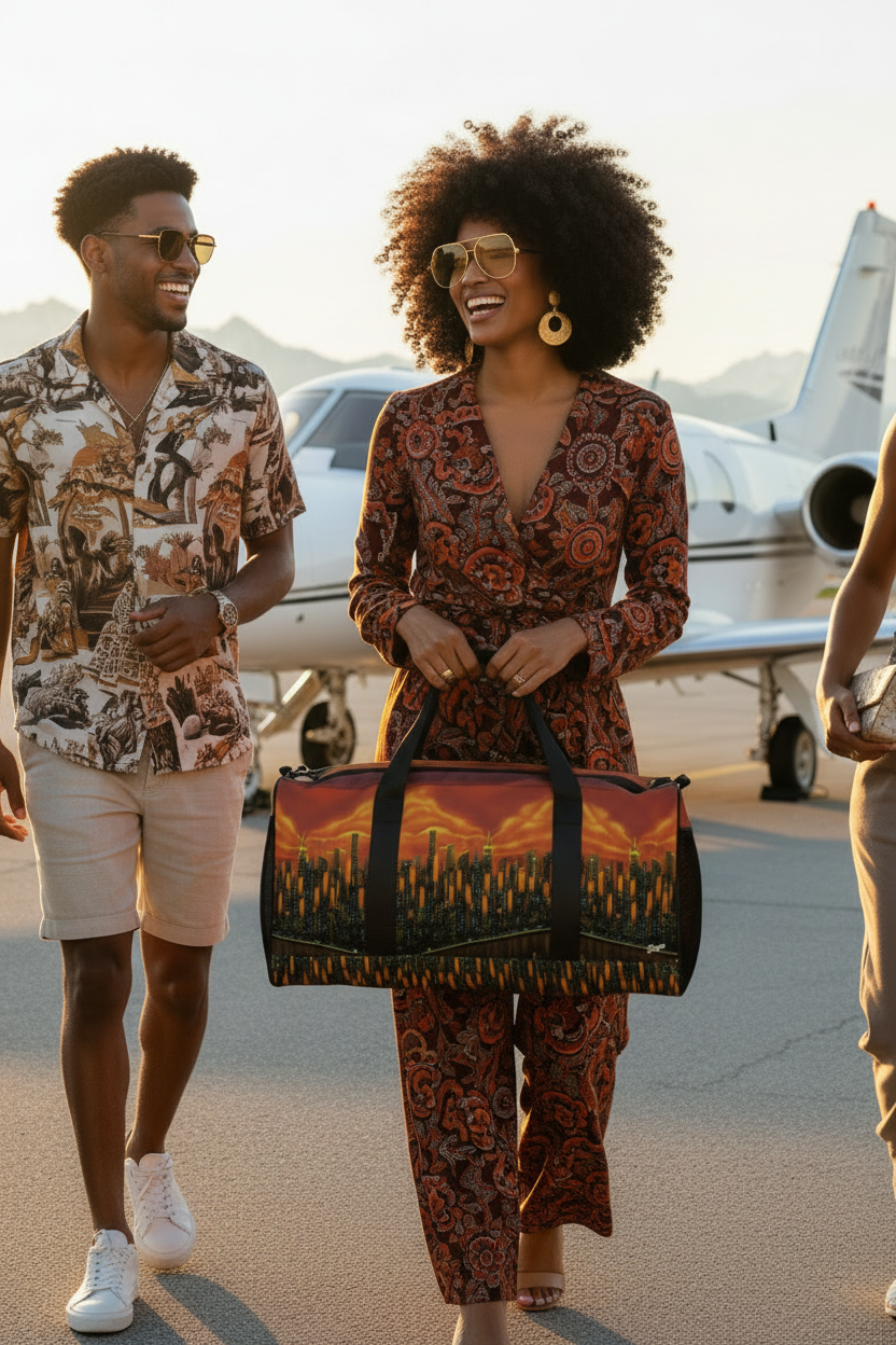 Two people walking on a tarmac with a private jet in the background, one carrying a Loria NYC Art bag.