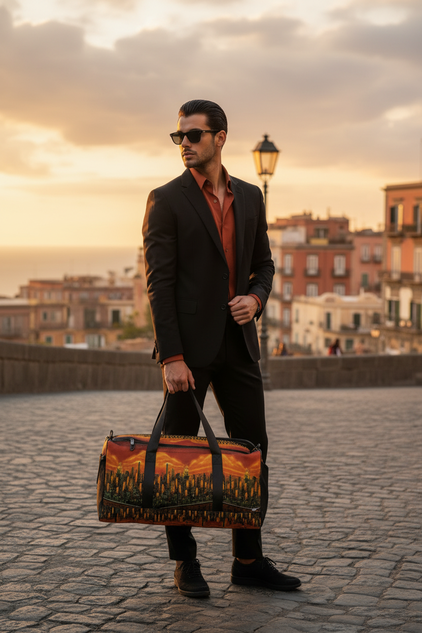 Man holding a patterned Loria NYC Art bag in an urban setting with buildings and streetlights in the background.