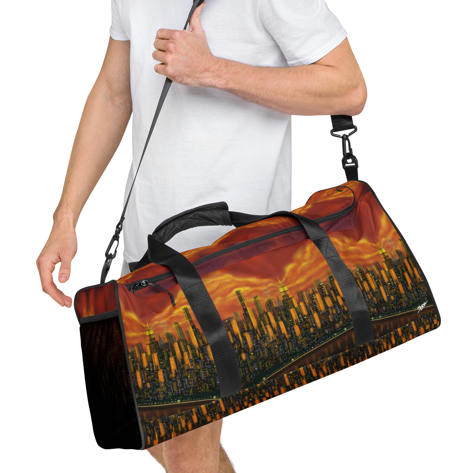 Person holding a duffel bag with a cityscape Loria NYC Art design on a plain background