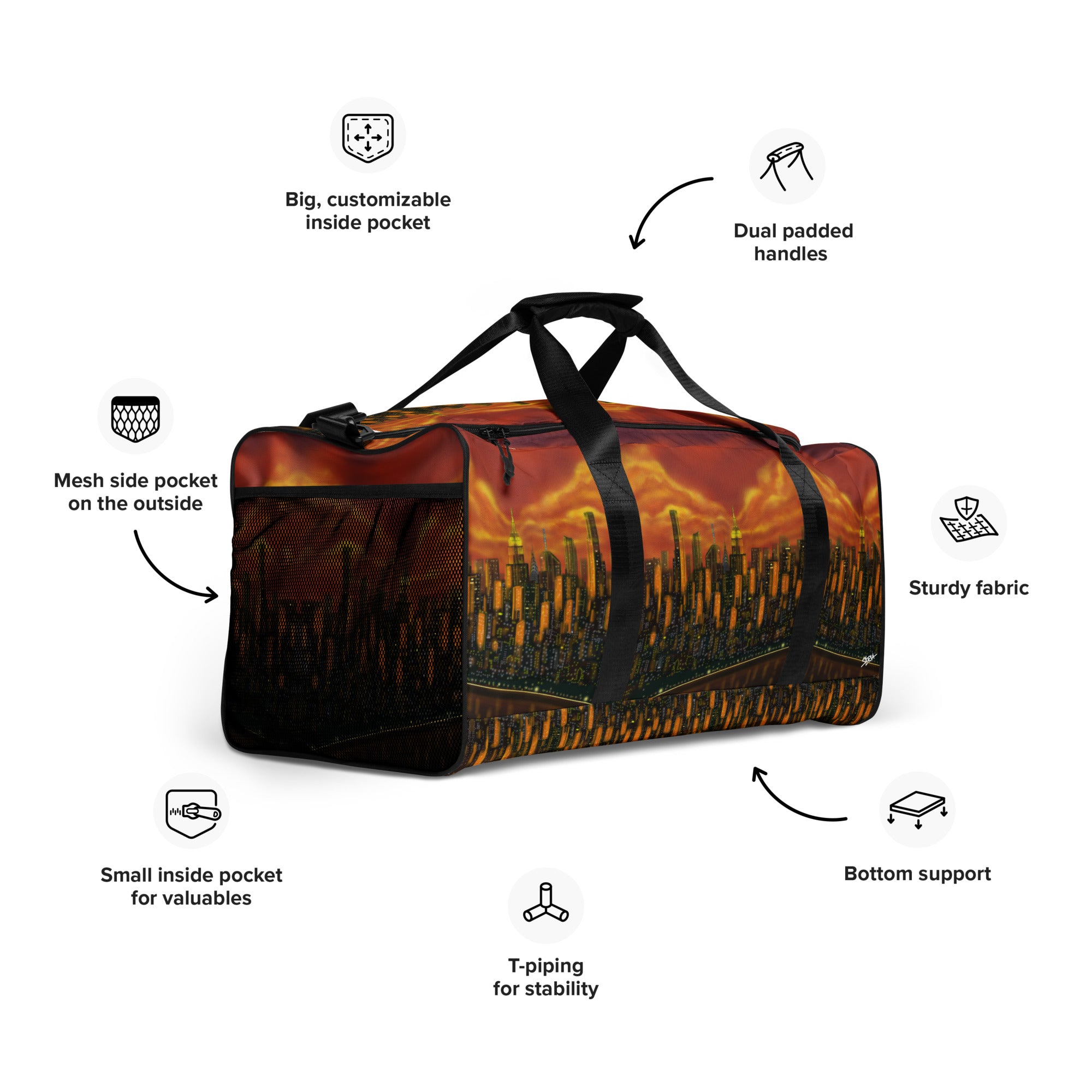 Duffel bag with Loria NYC Art sunset cityscape design on a white background
