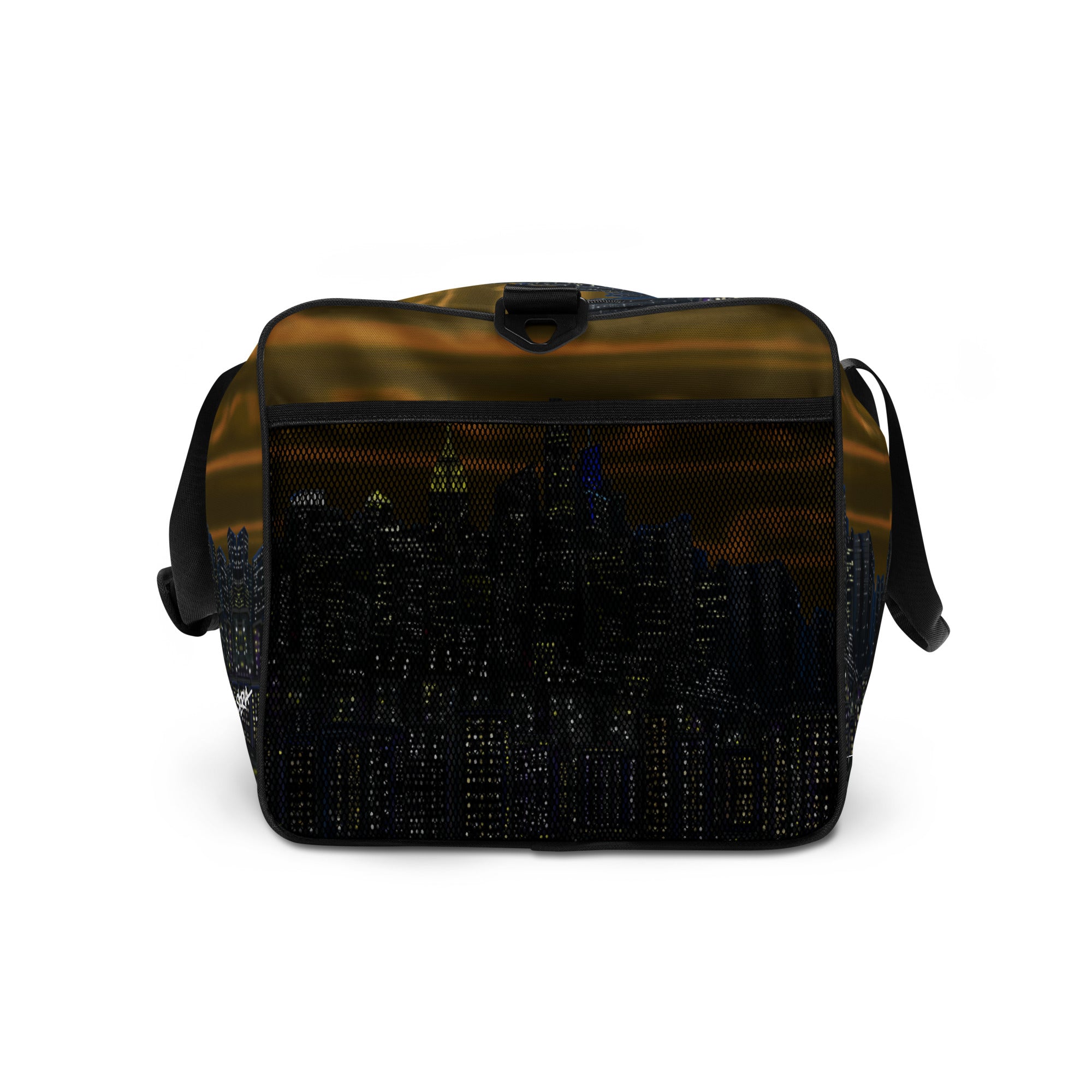 Duffle bag with NY cityscape design by Loria NYC Art  on a white background