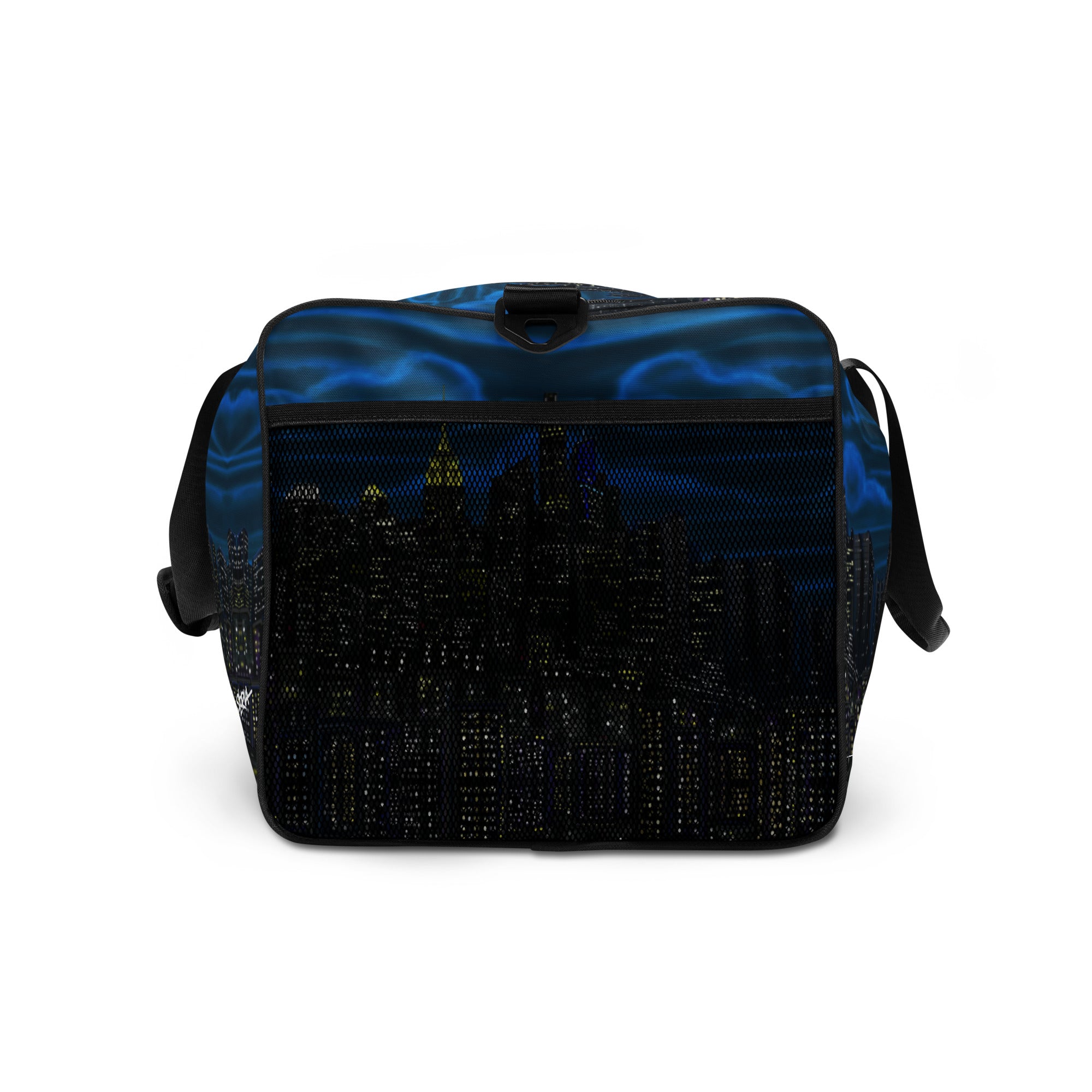 Black and blue Loria NYC Art design patterned bag on a white background