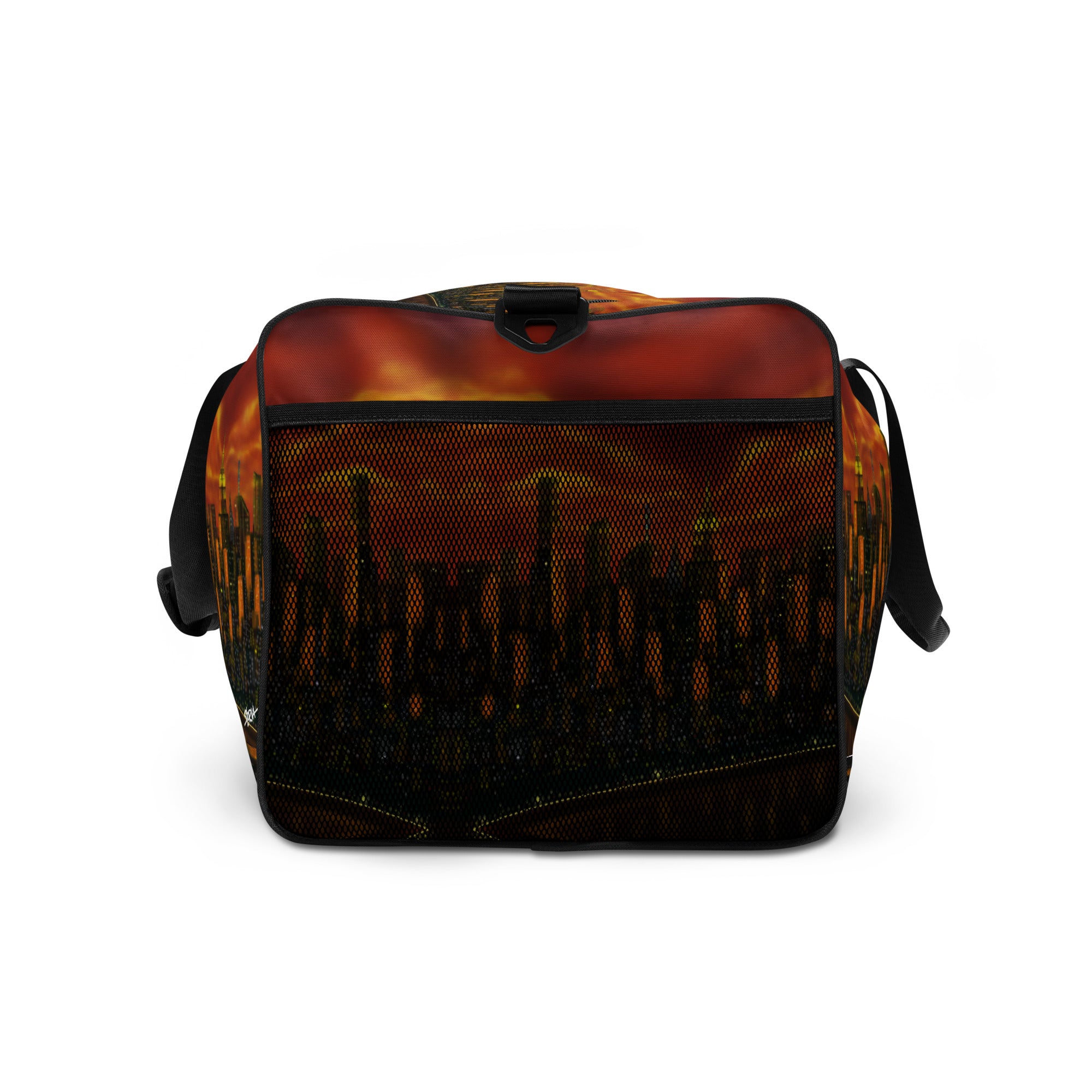 Duffel bag with Loria NYC Art sunset cityscape design on a white background