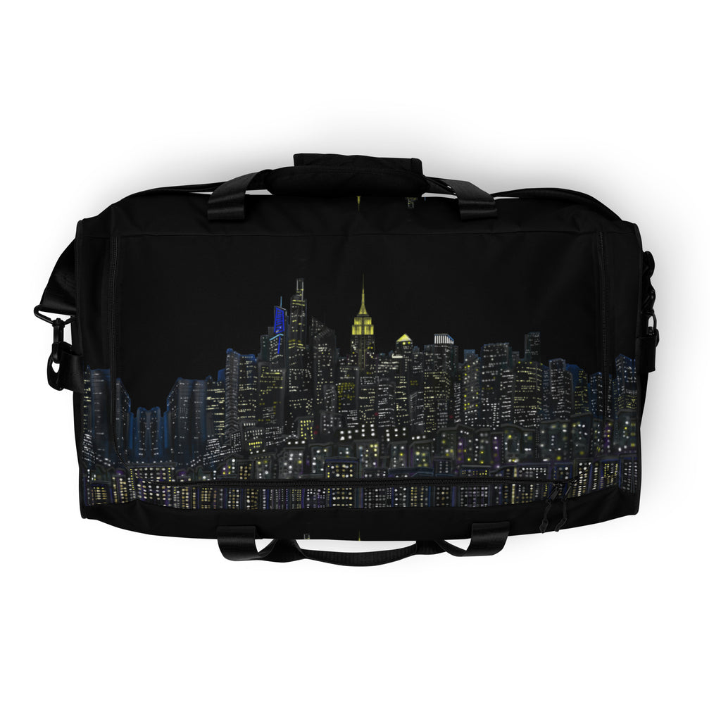 Cityscape designed by Loria NYC Art on black duffle bag on a white background