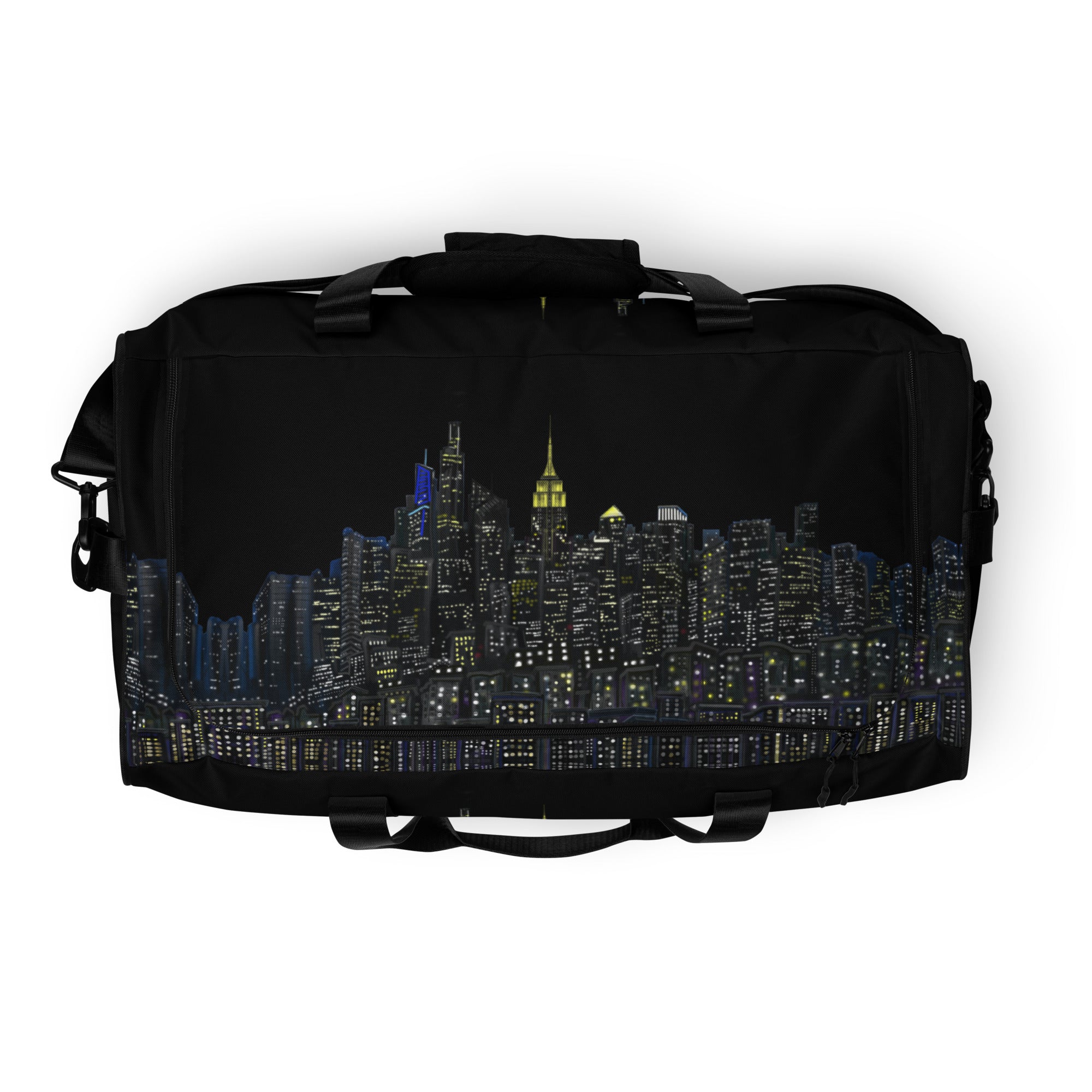 Cityscape designed by Loria NYC Art on black duffle bag on a white background