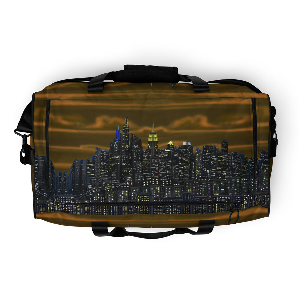 Duffle bag with NY cityscape design by Loria NYC Art  on a white background