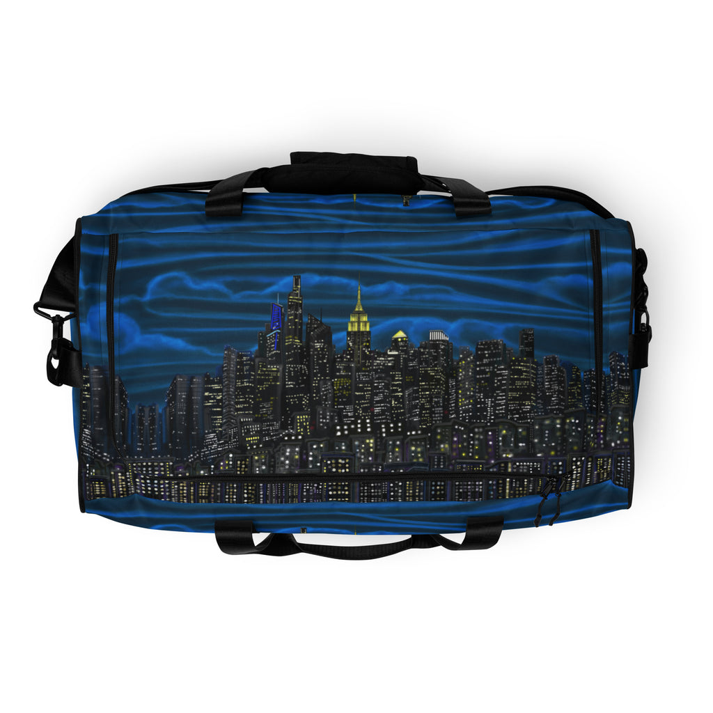 Duffel bag with a cityscape Loria NYC Art design on a white background