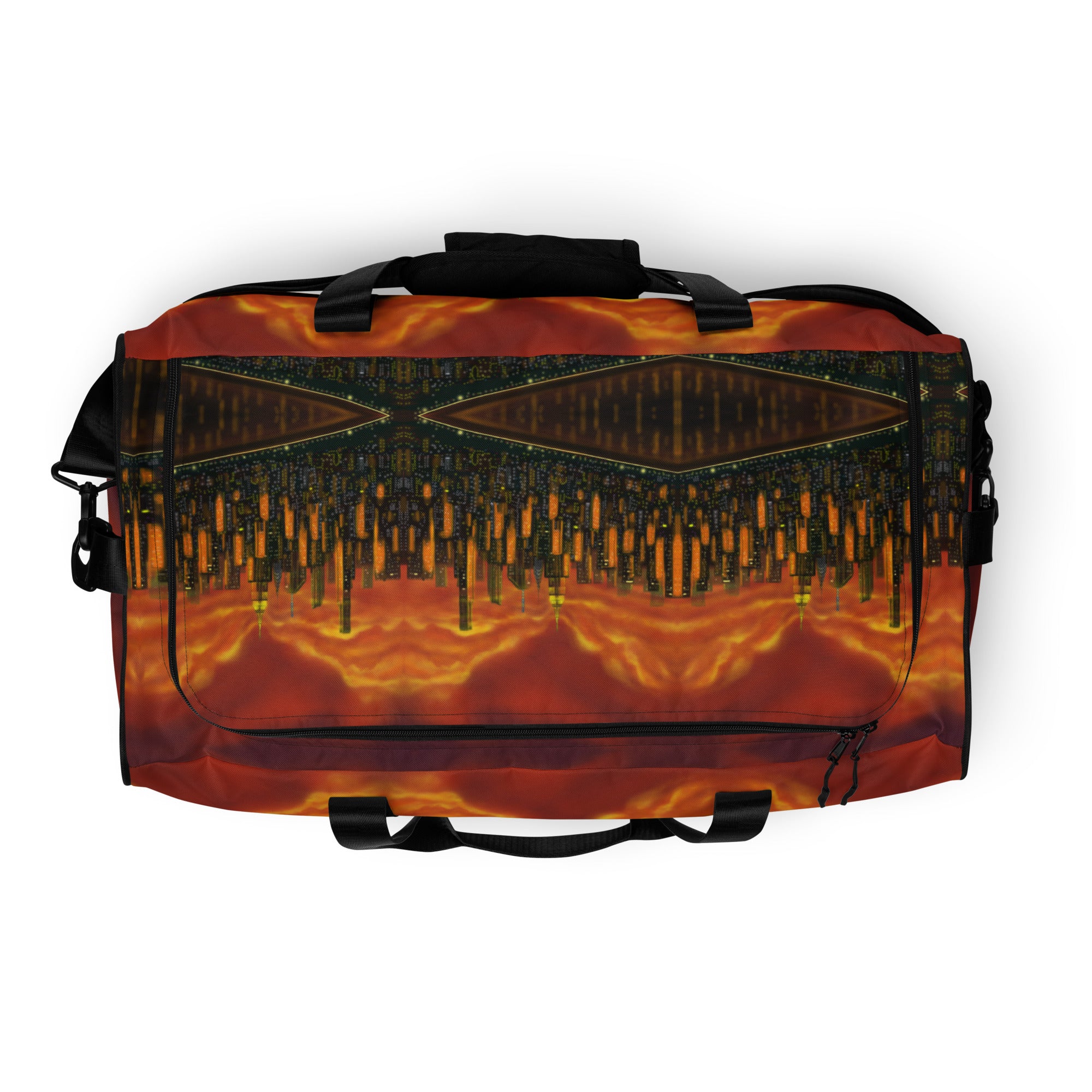 Top of Duffel bag with Loria NYC Art sunset cityscape design on a white background