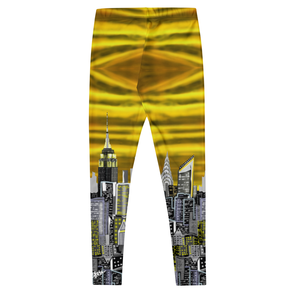 Leggings with a cityscape Loria NYC Art design featuring the Empire State Building on a yellow background.