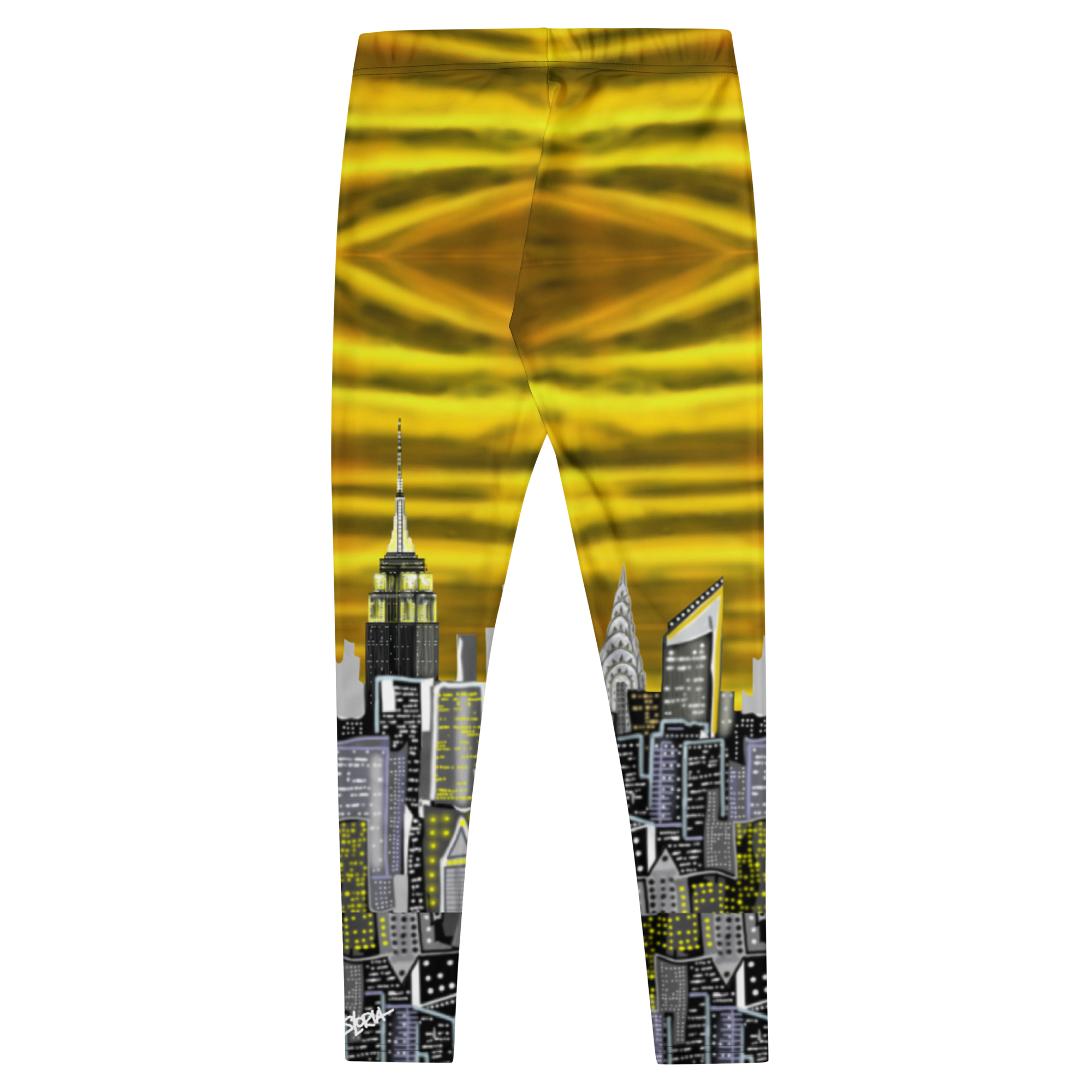 Leggings with a cityscape Loria NYC Art design featuring the Empire State Building on a yellow background.