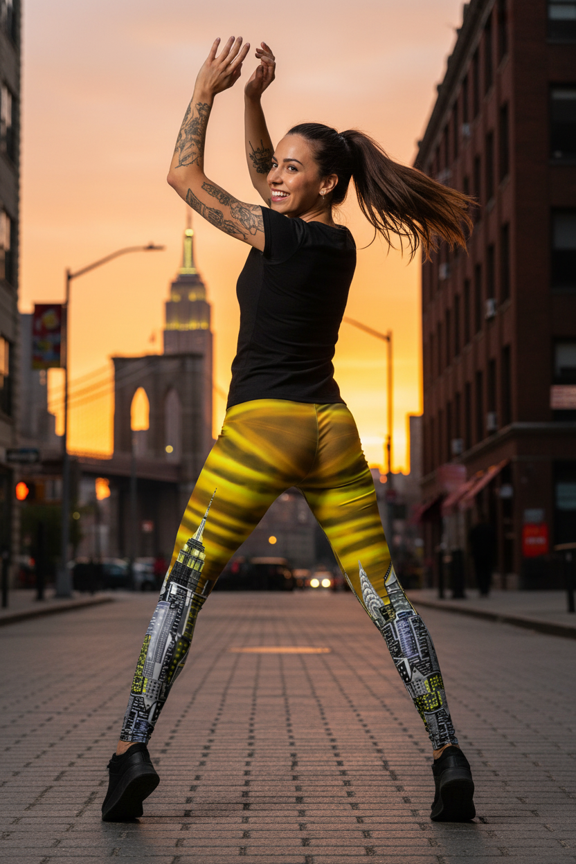 Woman in black top and colorful Loria NYC Art leggings posing on a city street at sunset.