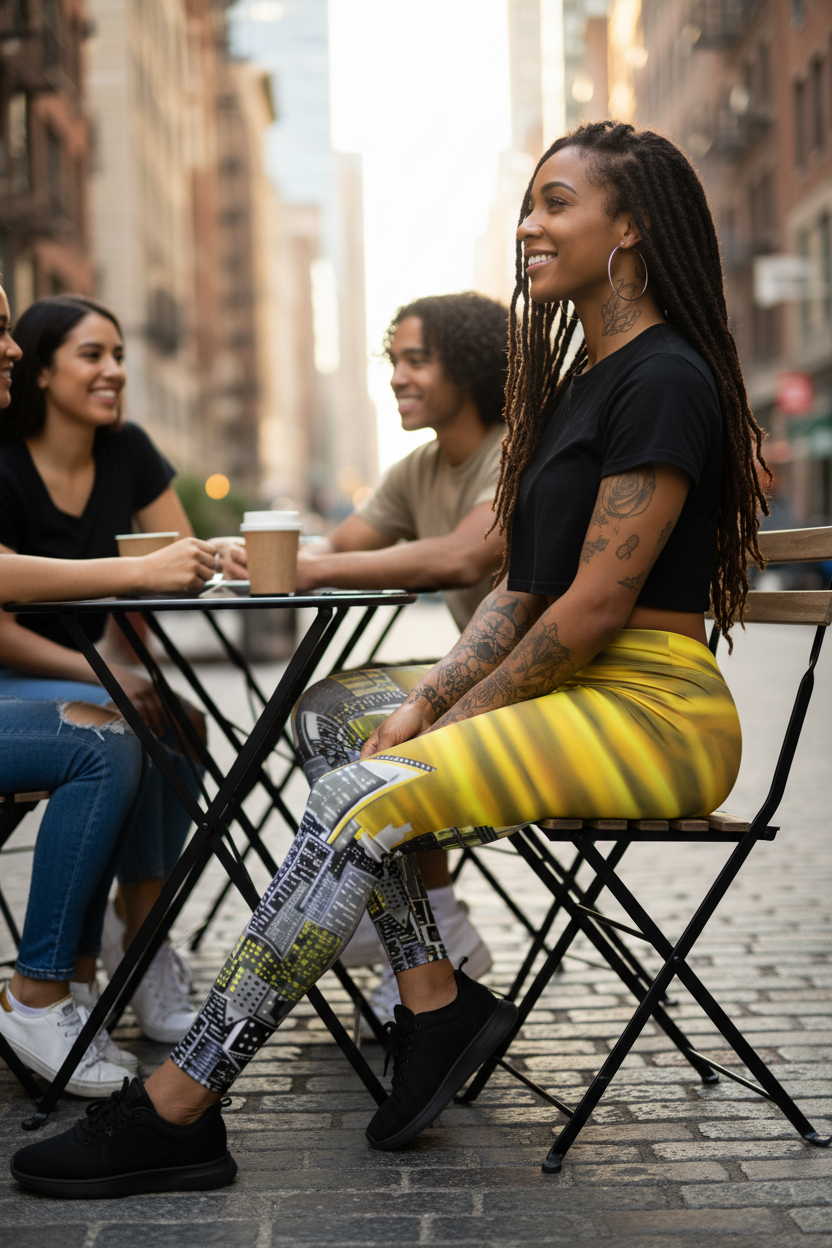 Female wearing Loria NYC Art leggings sitting at an outdoor cafe table in an urban setting