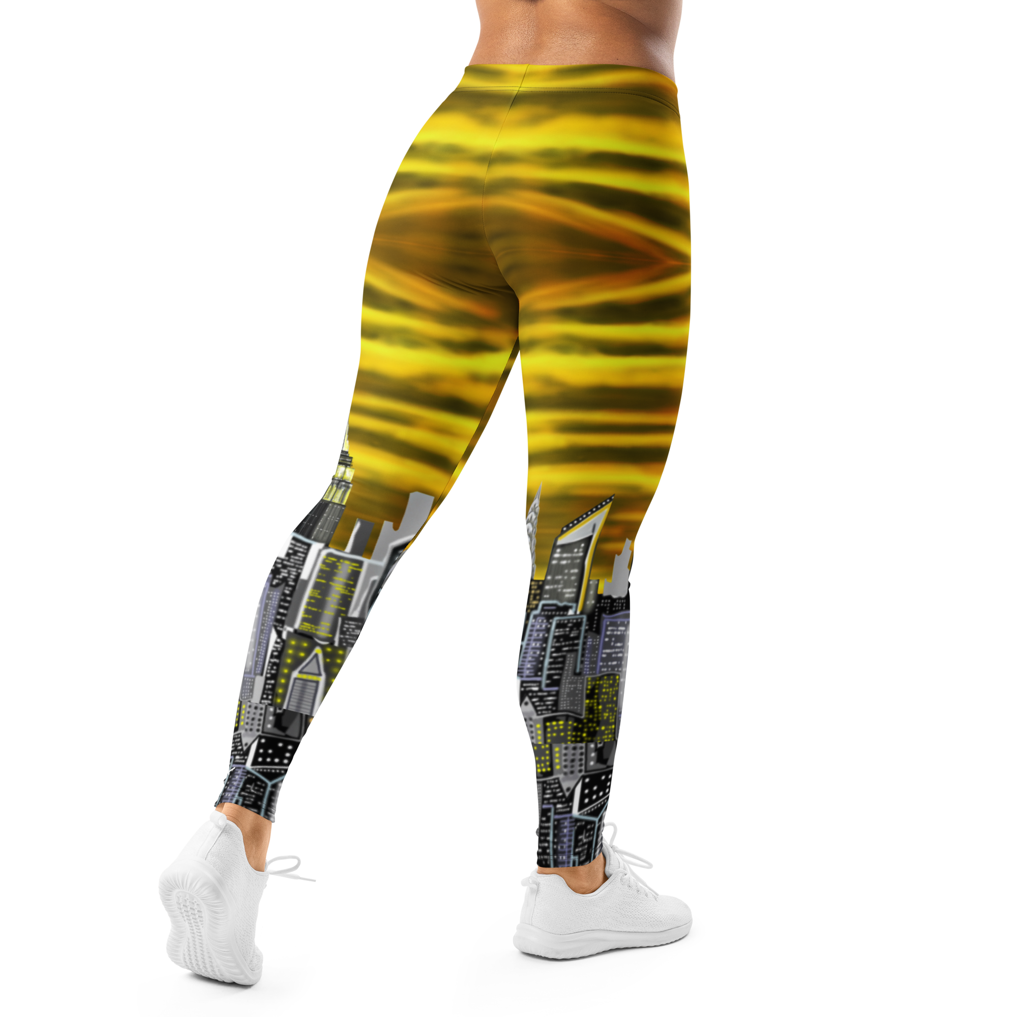 Leggings with a cityscape Loria NYC Art design on a white background