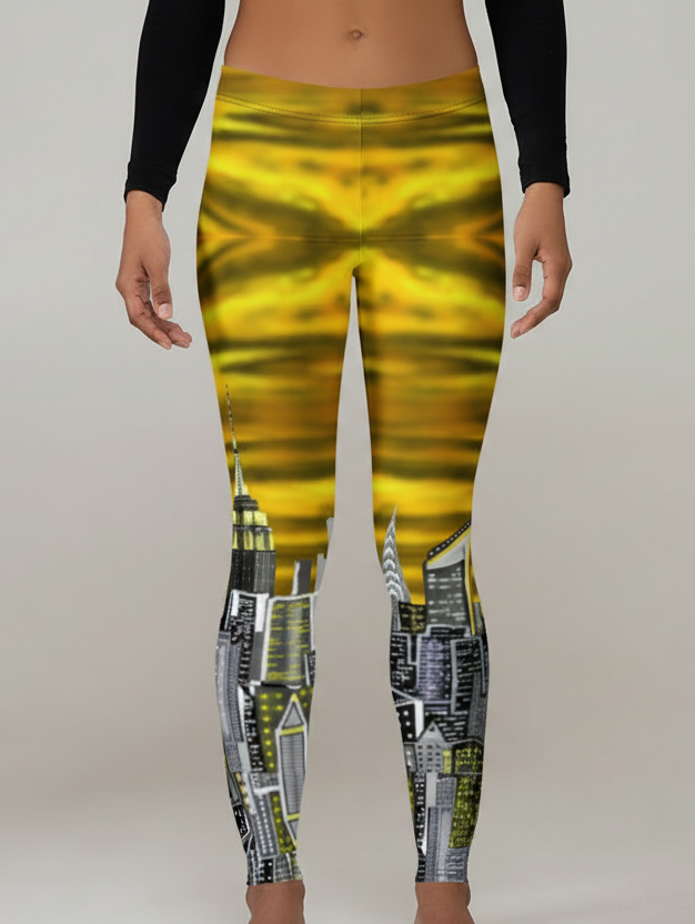 Leggings with a cityscape Loria NYC Art design on a plain background