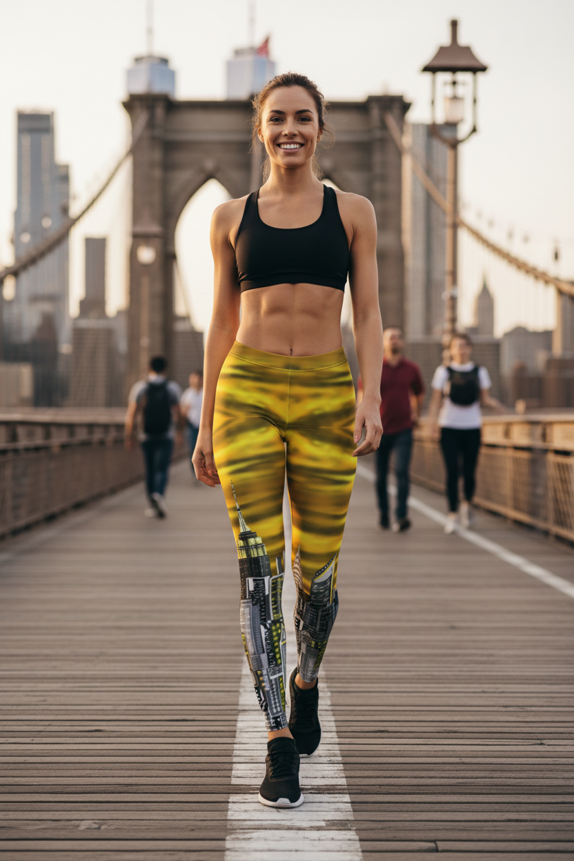 Woman in athletic Loria NYC Art wear walking on a bridge with a cityscape background