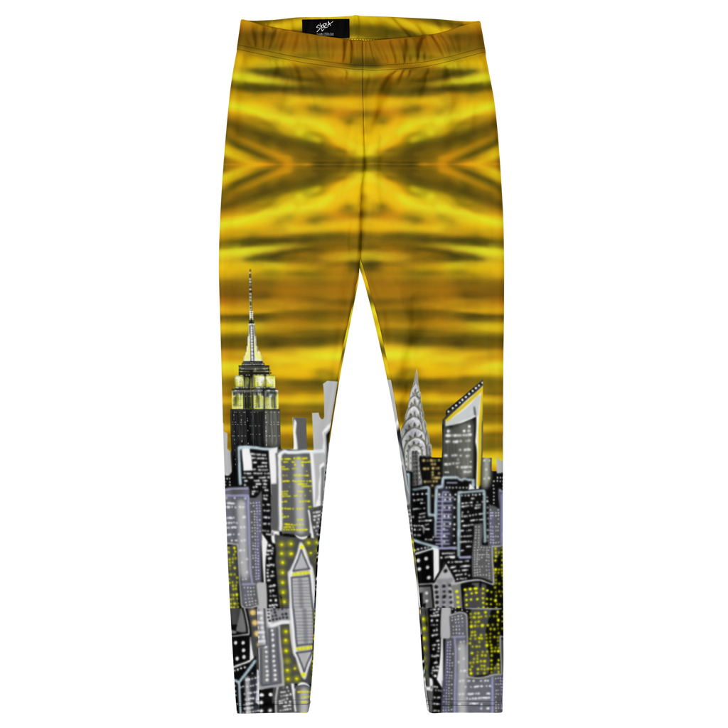Leggings with a cityscape Loria NYC Art design on a yellow background