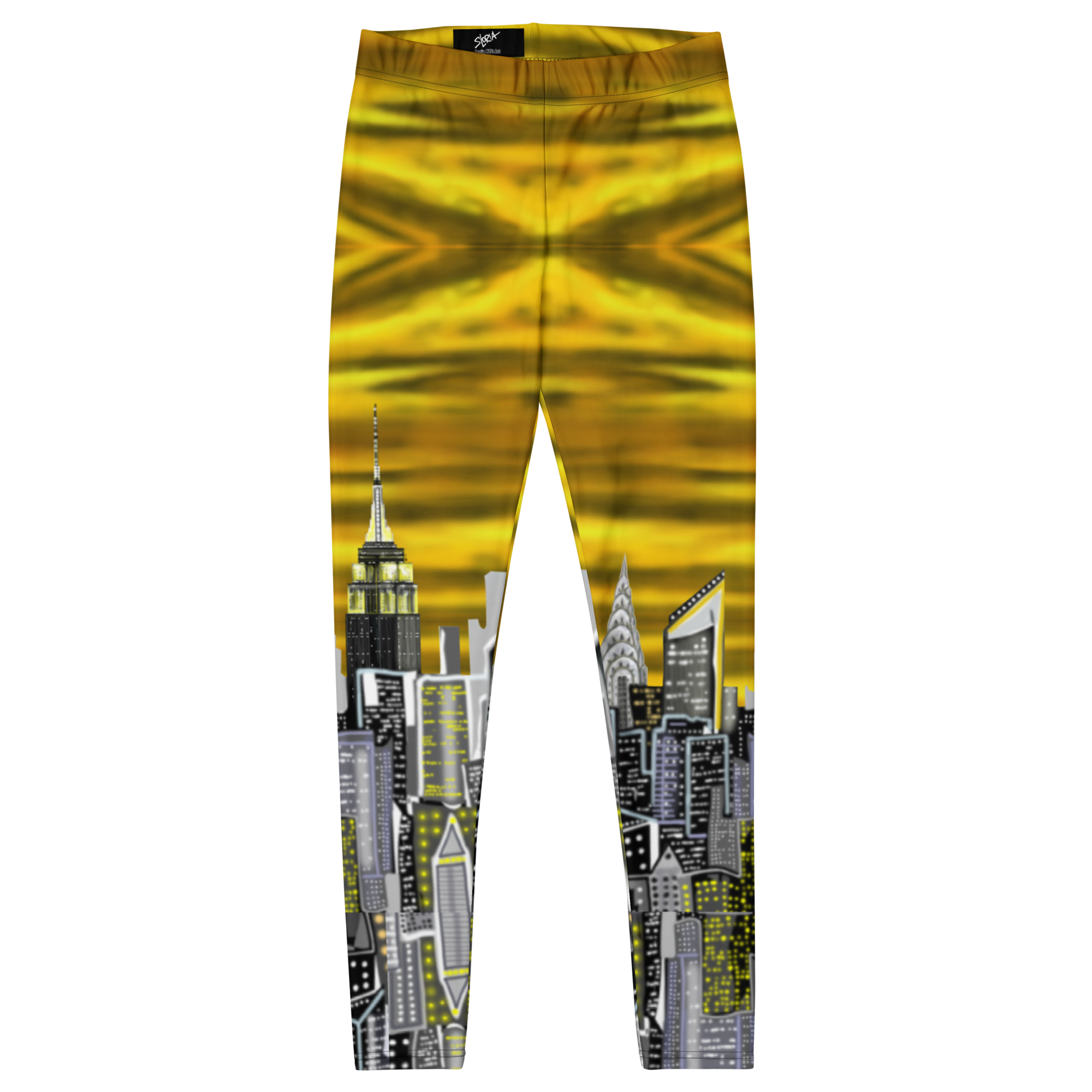Leggings with a cityscape Loria NYC Art design on a yellow background