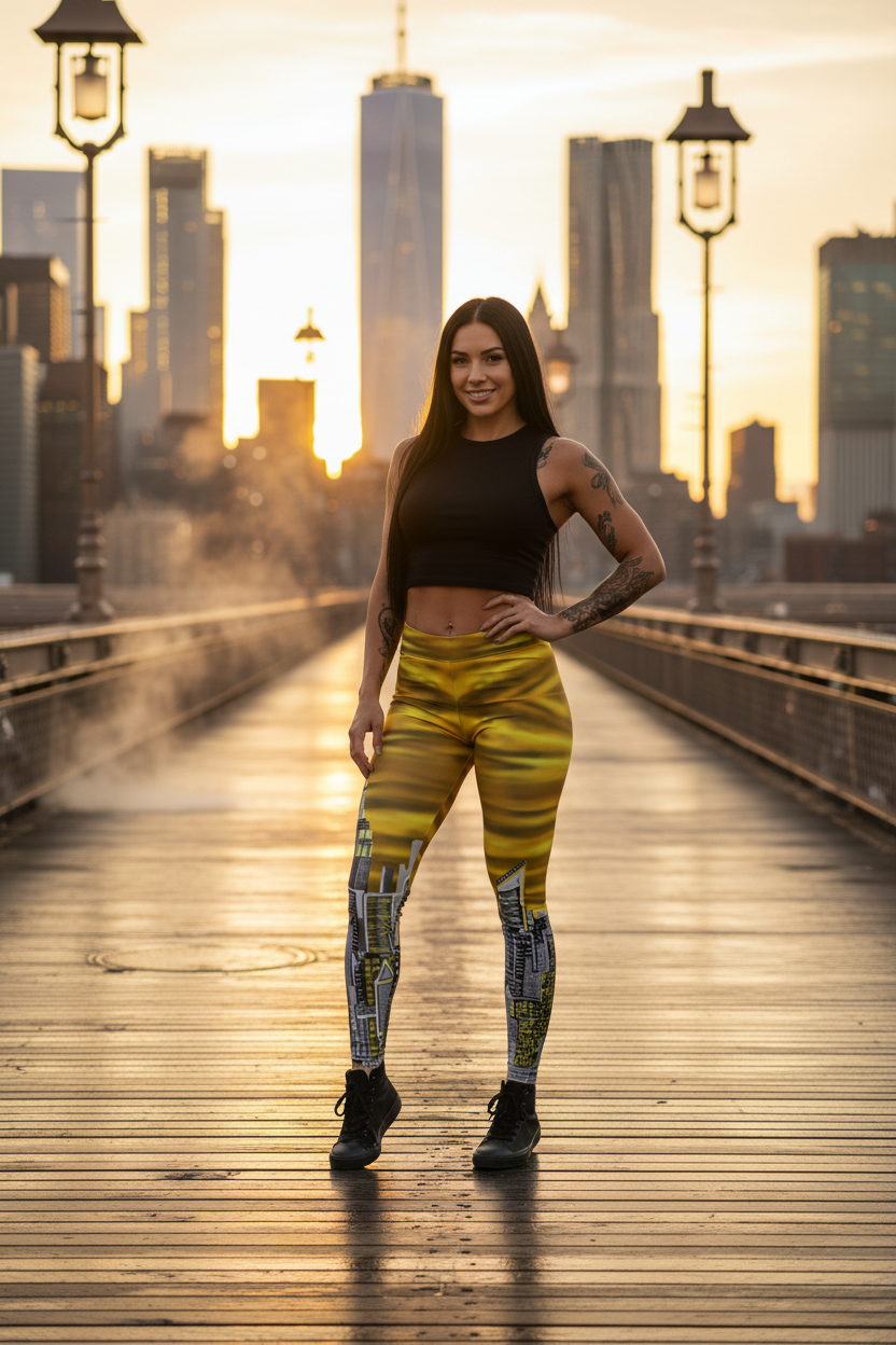 Woman in Loria NYC Art athletic wear standing on a wooden boardwalk with city skyline in the background
