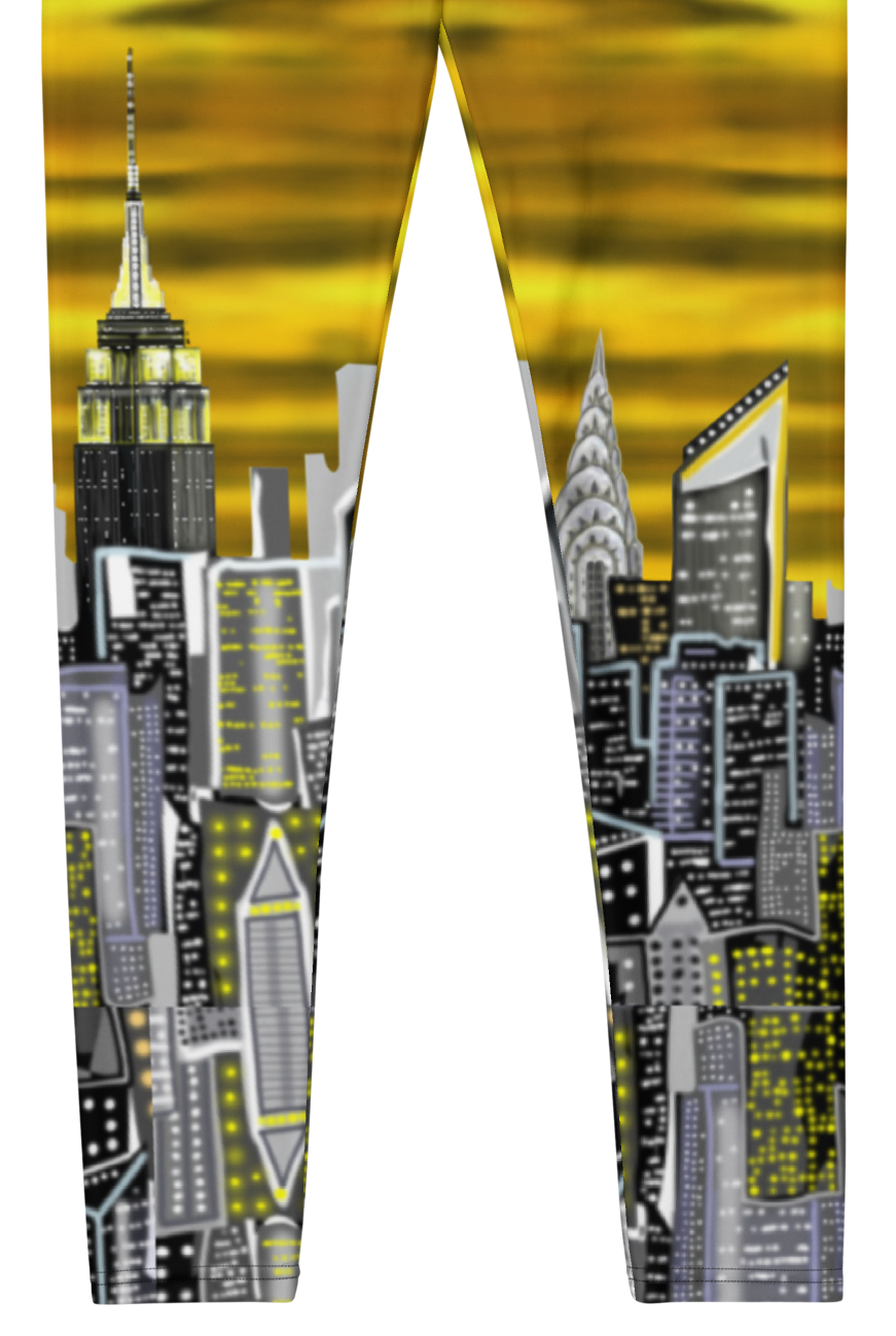Leggings with a cityscape Loria NYC Art design featuring skyscrapers on a yellow background