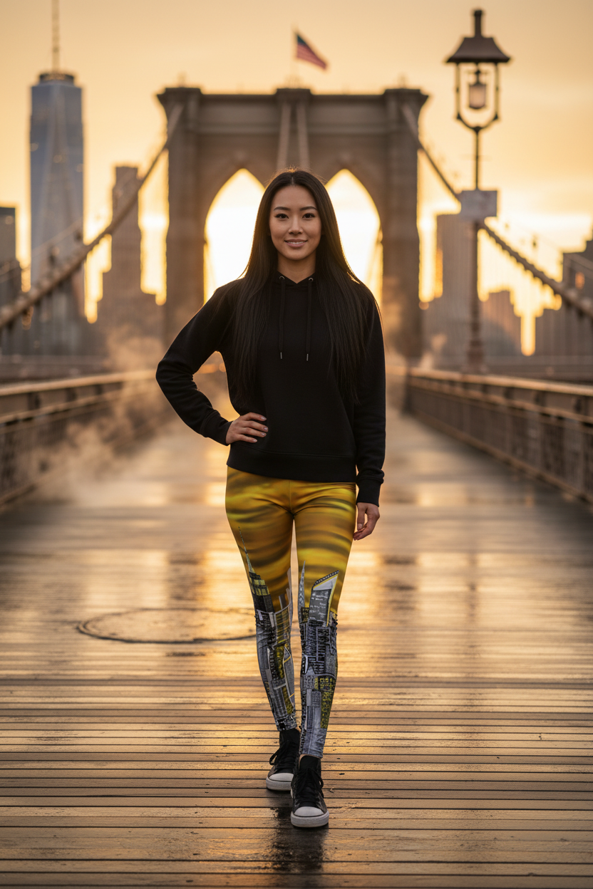 Woman wearing Loria NYC Art leggings standing on the Brooklyn Bridge at sunset with city skyline in the background