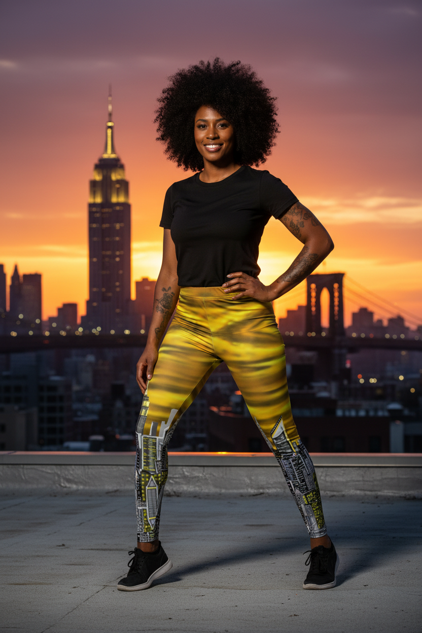 Person wearing a black top and yellow patterned Loria NYC Art leggings with a cityscape background during sunset.