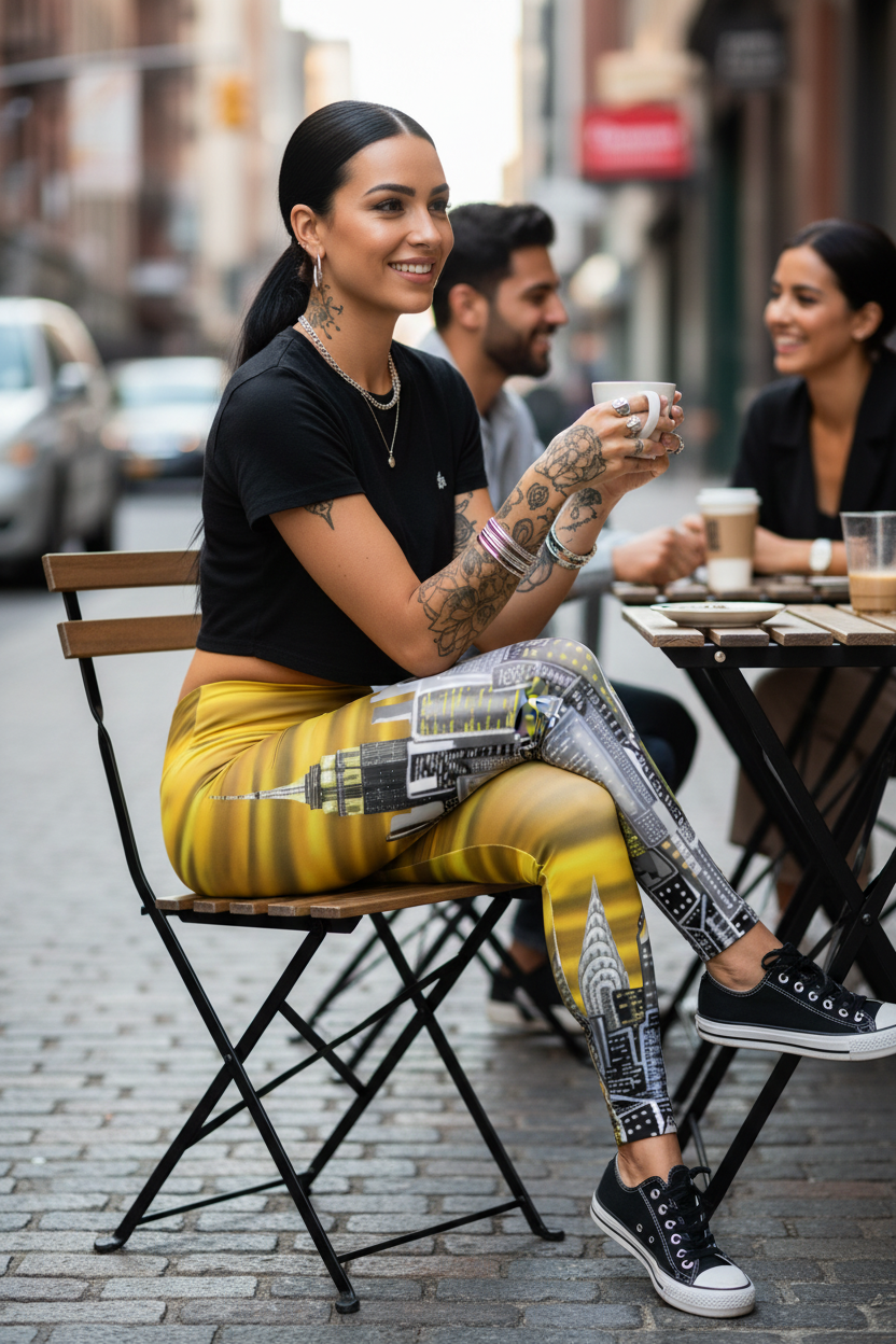 Woman sitting outdoors at a cafe table, wearing a black t-shirt and colorful Loria NYC Art leggings.